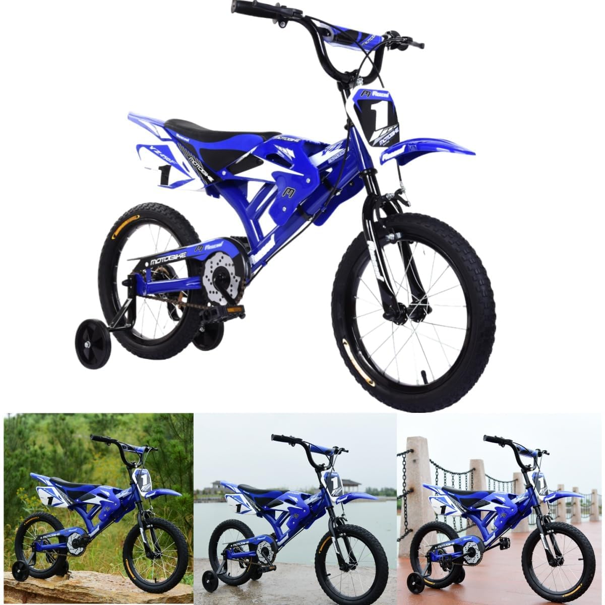16/18 Zoll Motorrad-Stil Kinderfahrrad, Motorcross Fahrrad mit V-Brake Bremsen, Kinderfahrrad für Kinder im Alter von 4-9 Jahren mit Stützrädern und Schutzblech, 90% Vormontiert