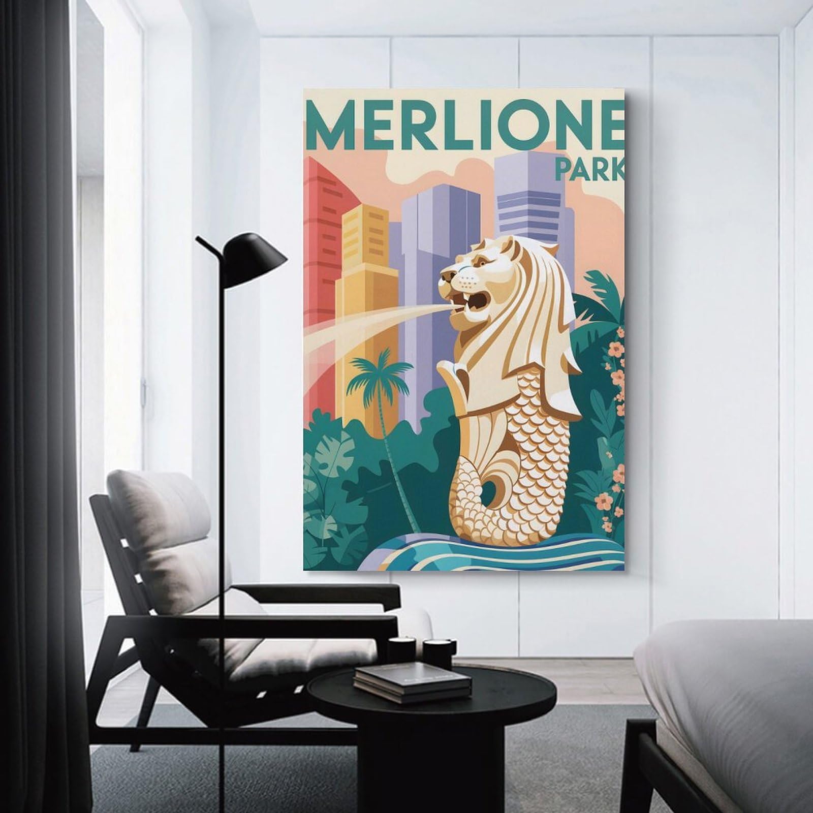 Junmoney Room Decor Wall Art Merlione Park Singapore Travel, 24x36inch(60x90cm), for Home Lounge, Bedroom Or Reading Nook, Eye Catching Artwork for Blank Walls