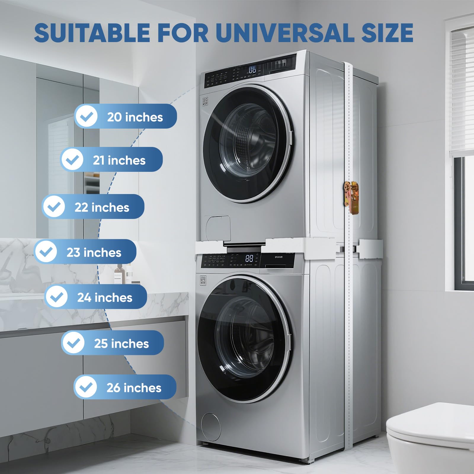 Universal Verbindungsrahmen Set für Waschmaschine und Trockner, Verstellbarer Verbindungsrahmen Kit (46-68 cm), Stapelbausatz mit Ratschenseil, Zwischeneinbausatz für platzsparende Waschküchen