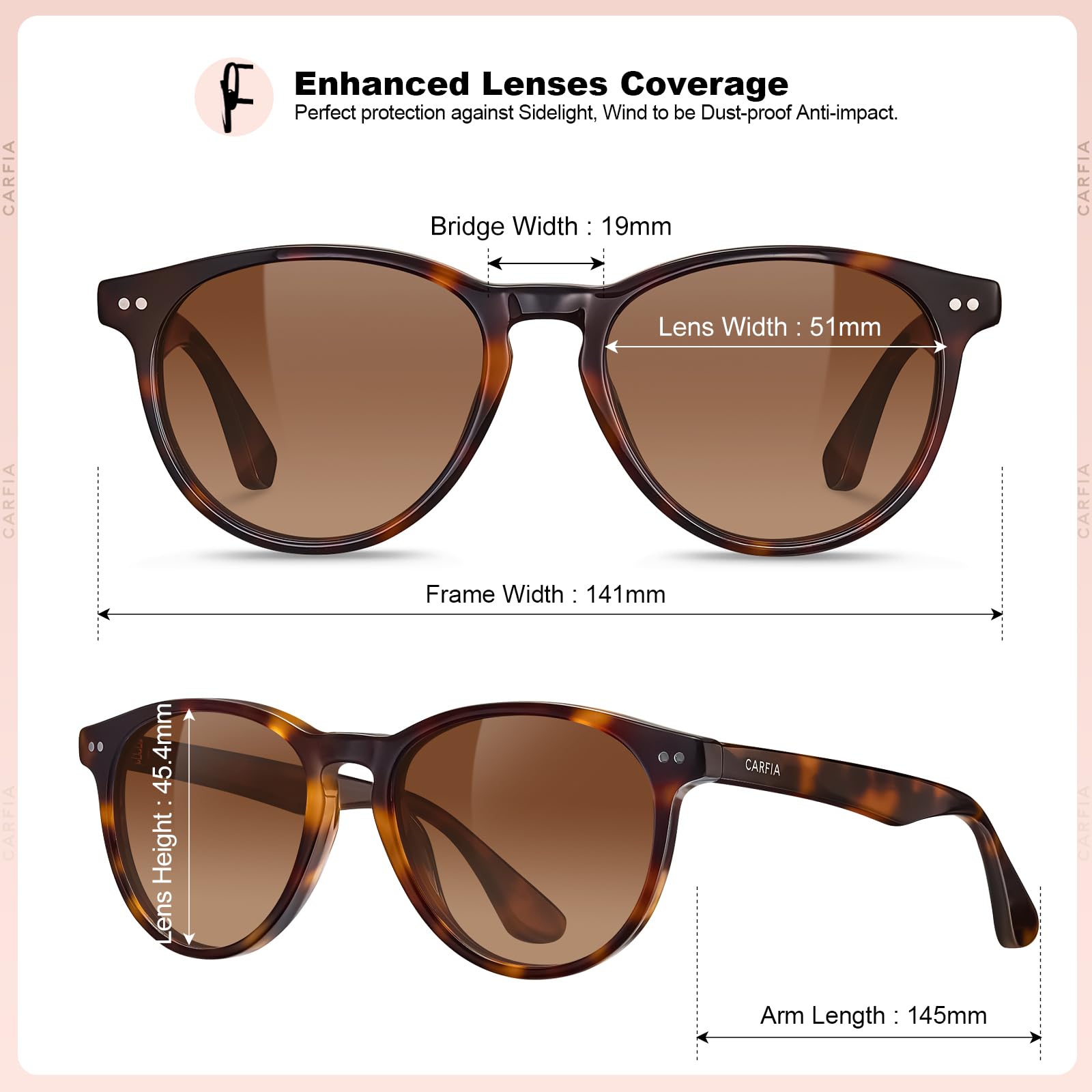 CARFIA Retro Sonnenbrille für Damen Polarisiert UV400 Schutz Kleine Gesicht | Elegant Rund Acetate Sunglasses, Schildkröte Muster, Geschenk für Schmal Gesicht Frauen & Ältere Jugendliche, Brillenetui