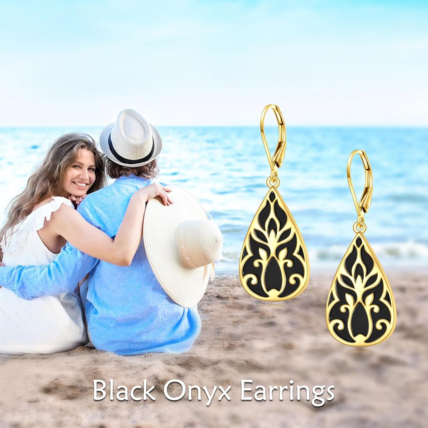 Black Onyx Earrings Sterling Silver Filigree Teardrop Black Stone Dangle Dangly Drop Leverback Earrings Boho Jewelry Gifts for Women - Image 6