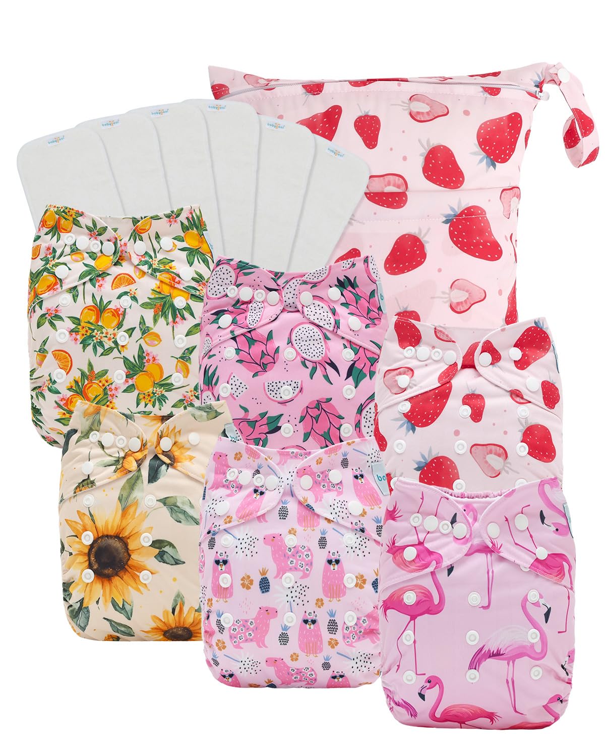 Babygoal Baby Cloth Diaper 6 Pack with 6pcs Inserts and Wet Bag for Fitted Diapers and Prefolds, Adjustable and Reusable Covers for Toddler Boys and