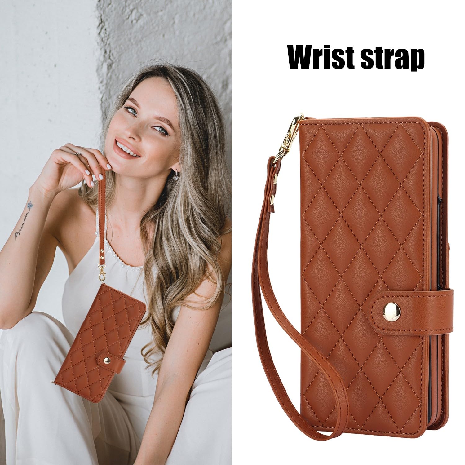 Generic etui kompatybilne z Samsung Galaxy Z Fold 5 (kolor: beżowy biały) wzór siatki skórzany portfel etui z klapką pokrowiec na długopis z paskiem na ramię