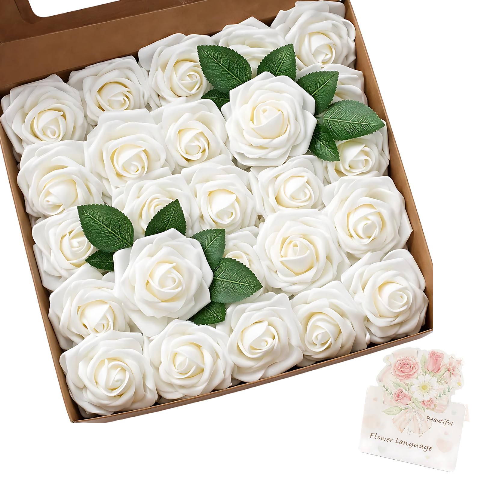 TUBAWD 25PCS White Roses Artificial Flowers Set with Greeting Card, Artificial Roses for Decoration or Party Settings