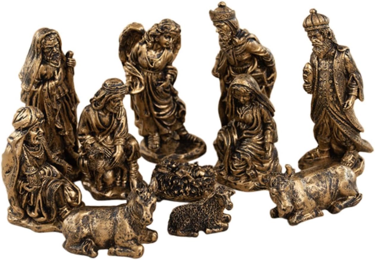 11x Christmas Nativity Figurines Set Religious Decoration Resin Tabletop Nativity Scene for Xmas Home Display 1.57-3.94 inch- Bronze