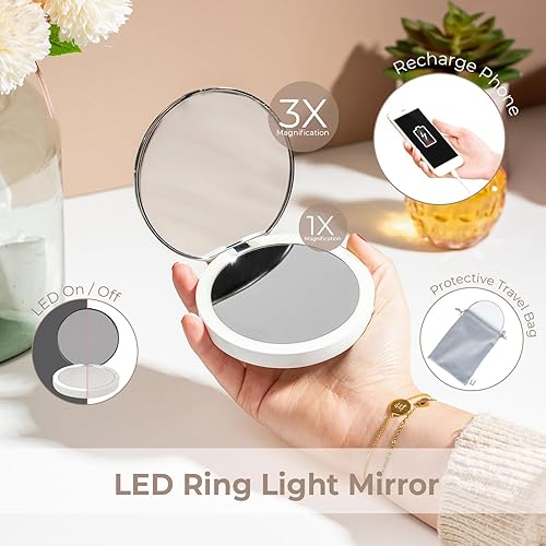 Miniatura 5 de stylPro Flip N Charge Power Bank - Espejo compacto con luz LED, espejo de aumento de bolsillo de mano, maquillaje y peinado de viaje, cargador USB 2