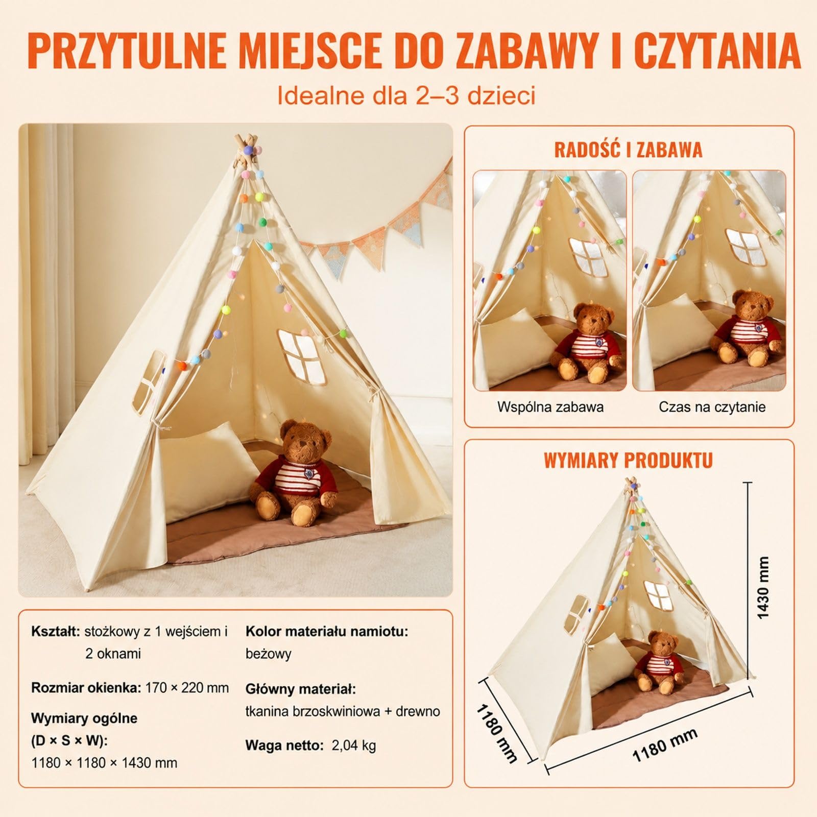 Beżowy namiot tipi do zabawy z matą, pluszowymi piłkami, tkaniną brzoskwiniową, drewnianymi drążkami, stożkowy kształt, 1 drzwi, 2 okna, do wnętrz i na zewnątrz