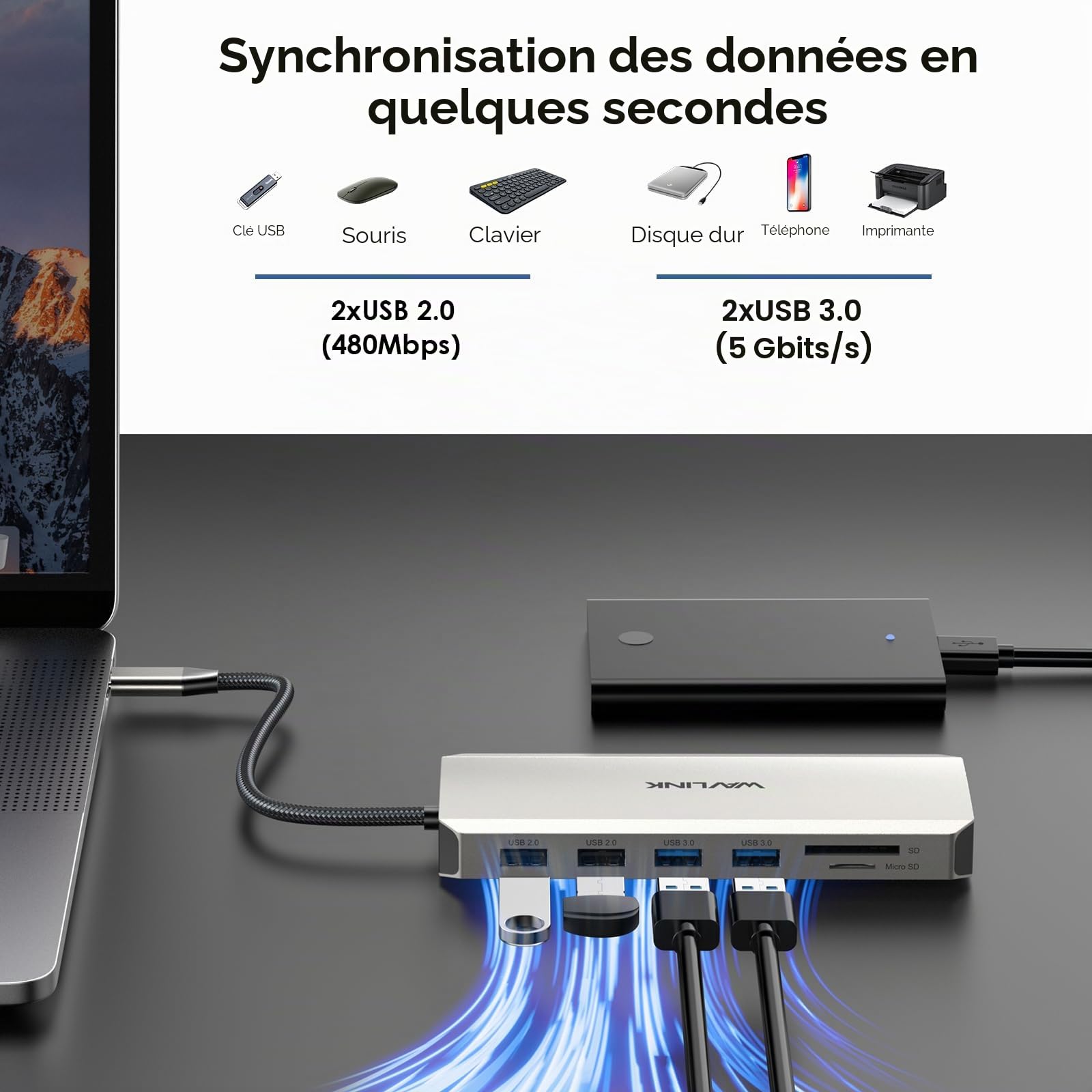 WAVLINK Station d'accueil USB-C 12-en-1, double HDMI, adaptateur multiport 4K Dual HDMI, DP, 100 W PD, USB3.0, USB2.0, RJ45, SD/TF, audio/Mic, pour