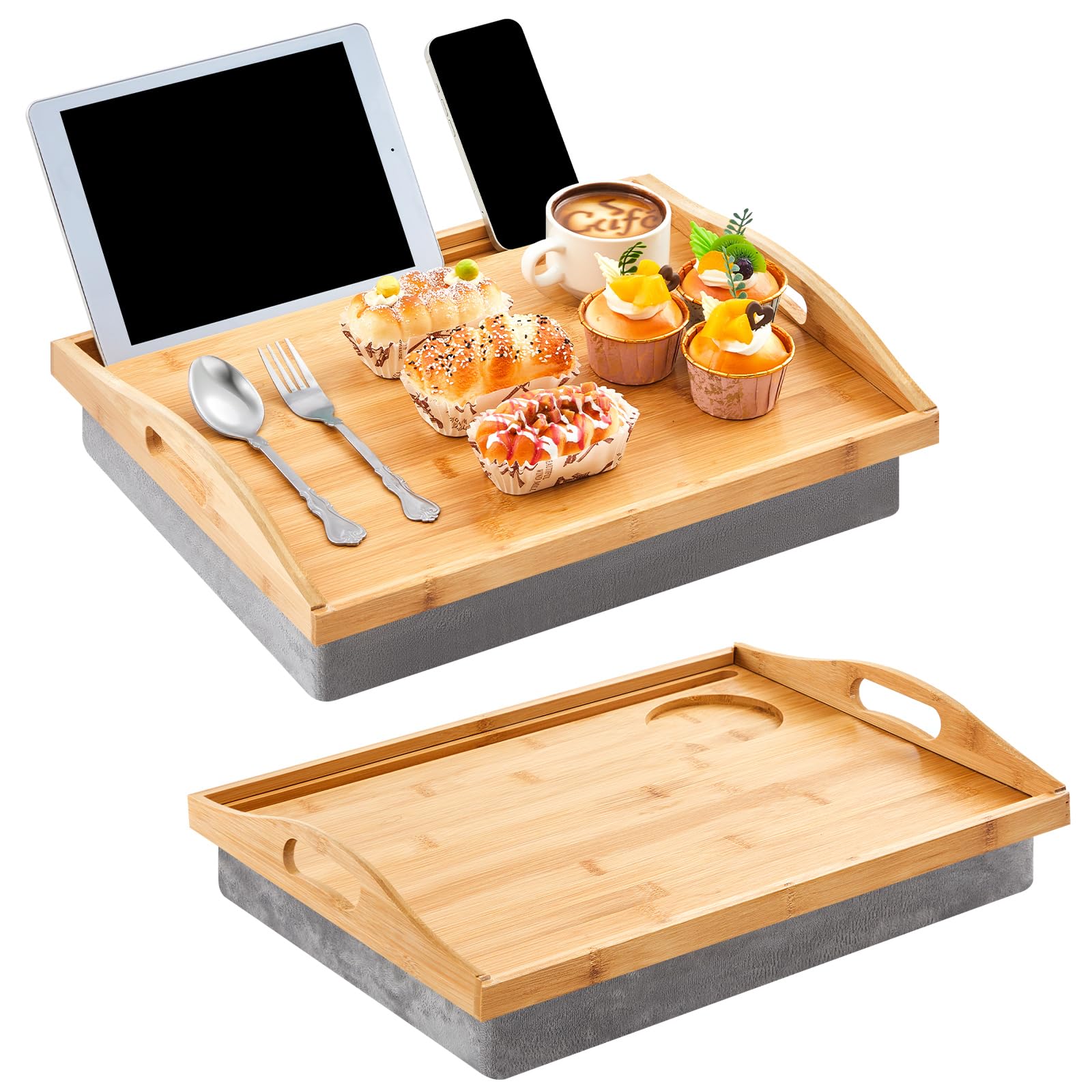 Photo 1 of Pickmesh 2 Pcs Bamboo Lap Tray with Detachable Pillow Wood Bed Food Trays with Cushion 16.9 x 13 Inch for Adults Elderly Eating Food Breakfast Dinner in Recliner (Wood Color)
