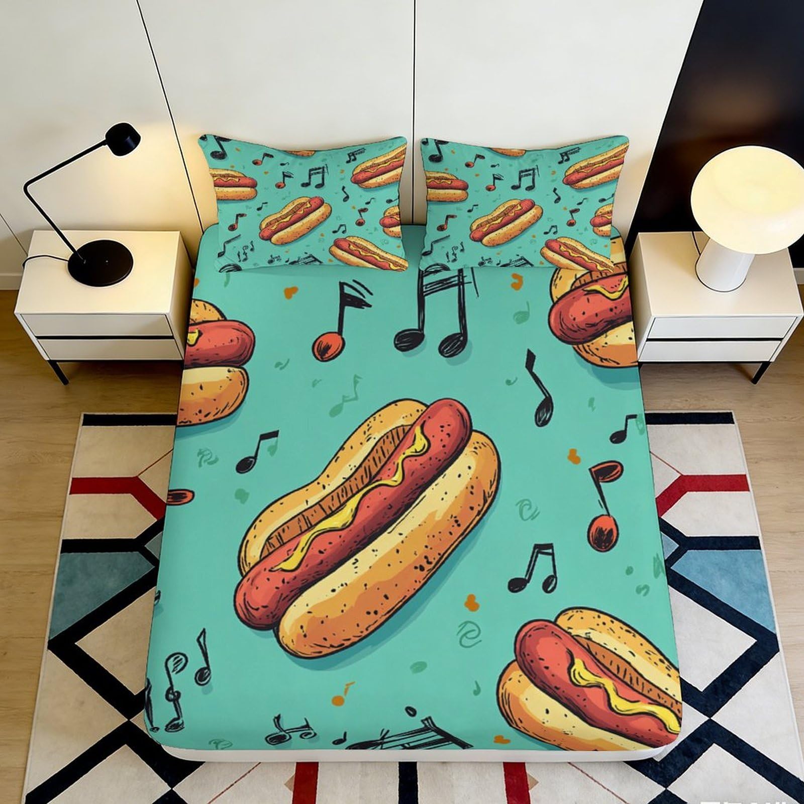 Dhbaneiok Style-3 3D Printed Hot Dog Fitted Sheet Microfiber Cartoon Snack Music Mattress Cover For Bedroom Dorm Decorative Easy Care 90X200x25cm