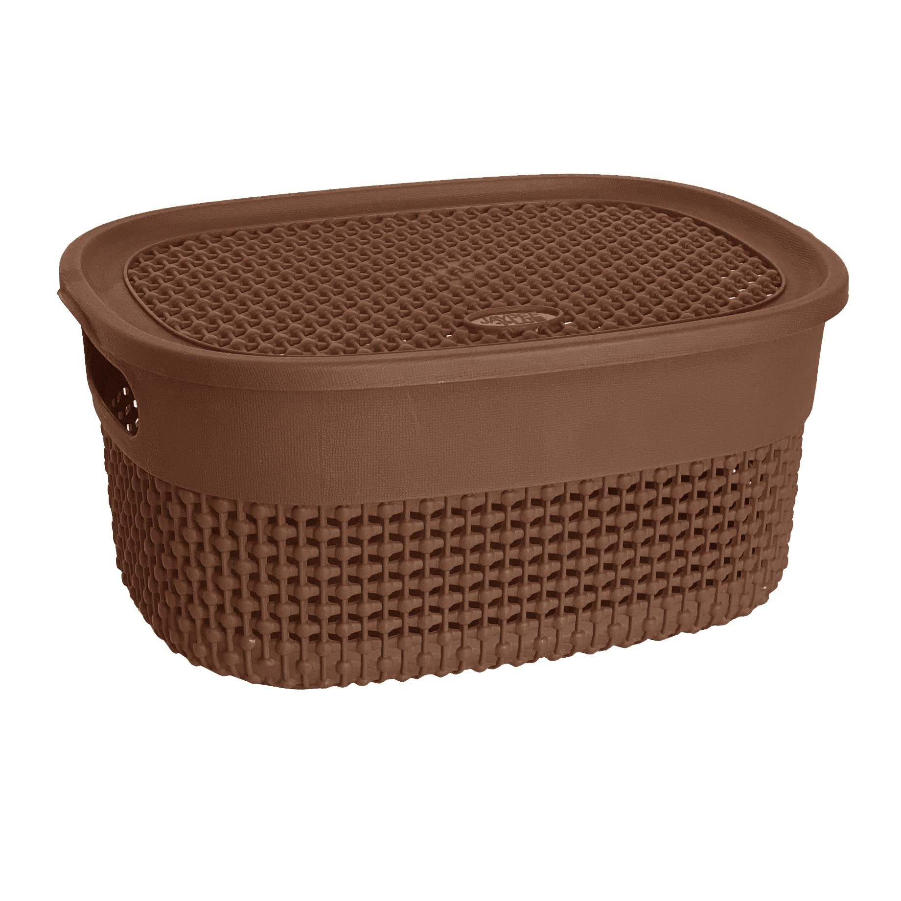 M1SS Plastic Storage Basket With Lid and Handle Oval Shape Shelf, Bathroom Basket Knit Design Toy Boxes Multi Colour Plastic Organiser ETC Baskets For Shelves, Kitchen (Brown, Small - 4L)