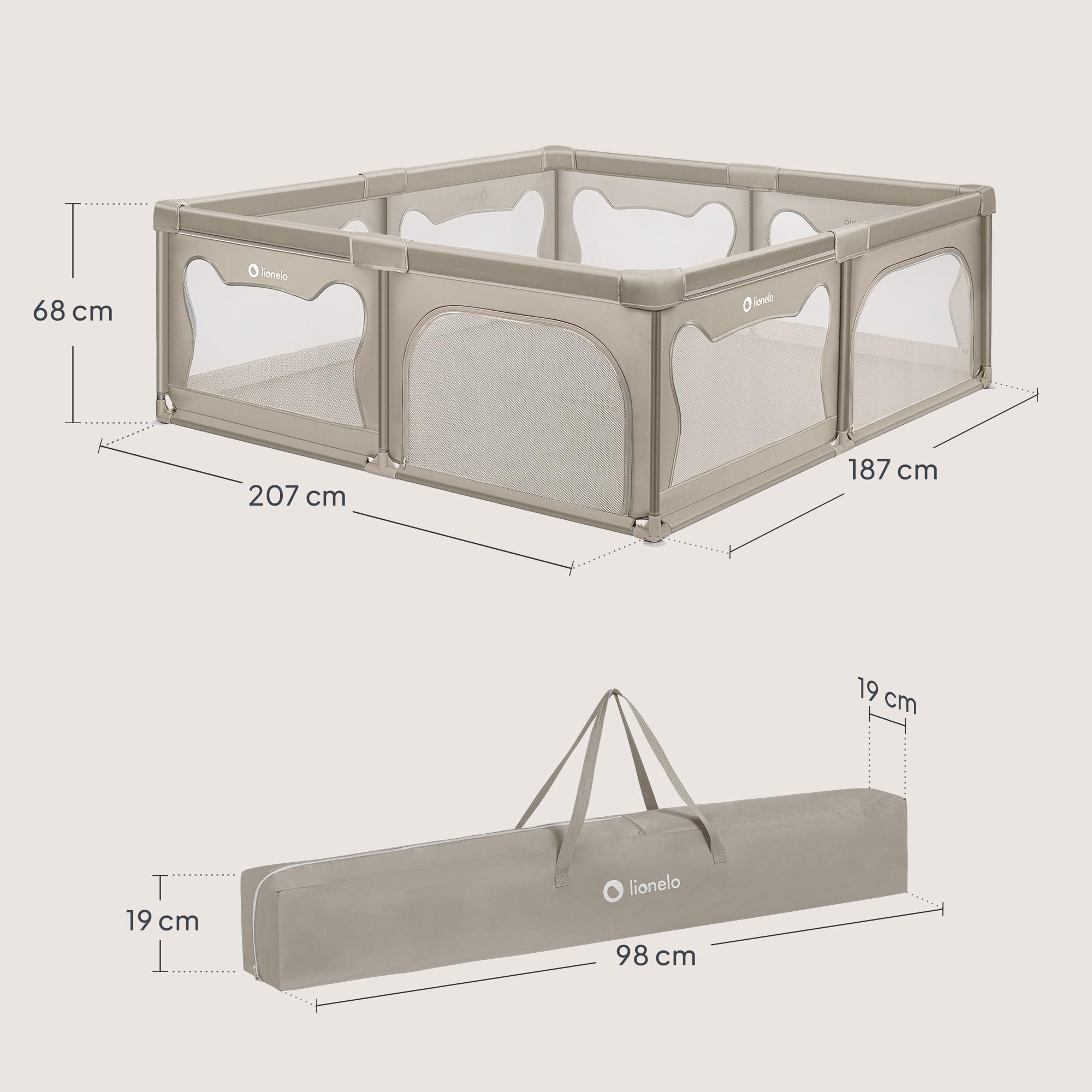 LIONELO Willow - Parque infantil XL, 0 – 48 meses, gran superficie 187x207x68 cm, con paredes de malla transpirable, 2 entradas laterales con cremallera, ideal para casa y jardín, fácil montar (Beige)