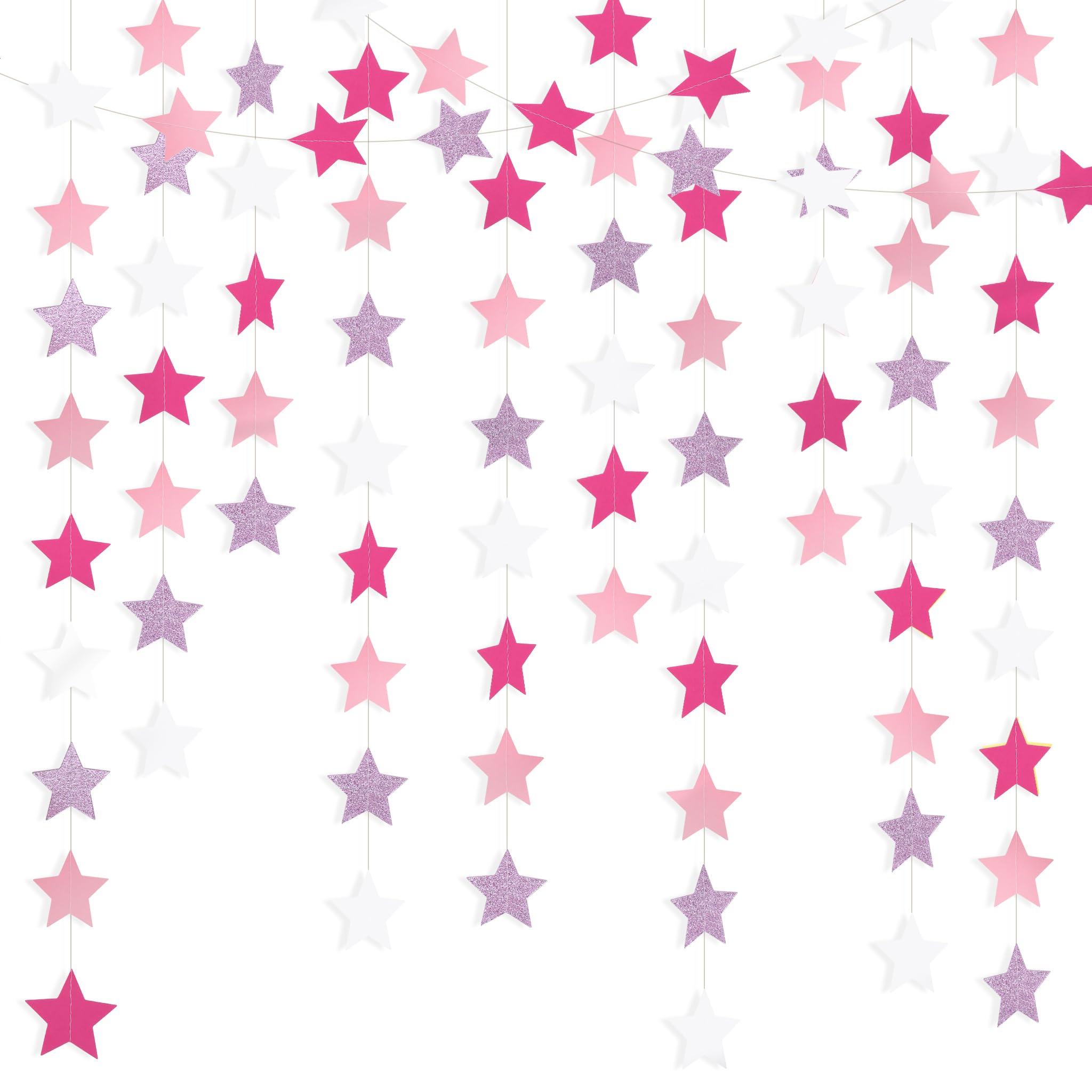 90FT Glitter Pink Rose Red Pink & White Star Garland, Sparkling Twinkle Star Banner, 240 Pcs Hanging Star Streamers Backdrop for Birthday, Baby Shower, Wedding & Party Decorations (6 Packs)
