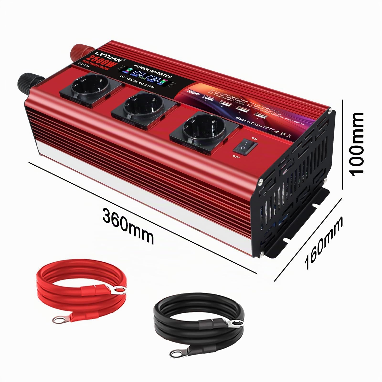 LVYUAN 2500W/5000W Wechselrichter DC 12V auf 230V AC Spannungswandler Konverter mit Fernbedienung, LCD, 4 USB Ports, 3 AC Steckdose für Outdoor, Notstromausfall