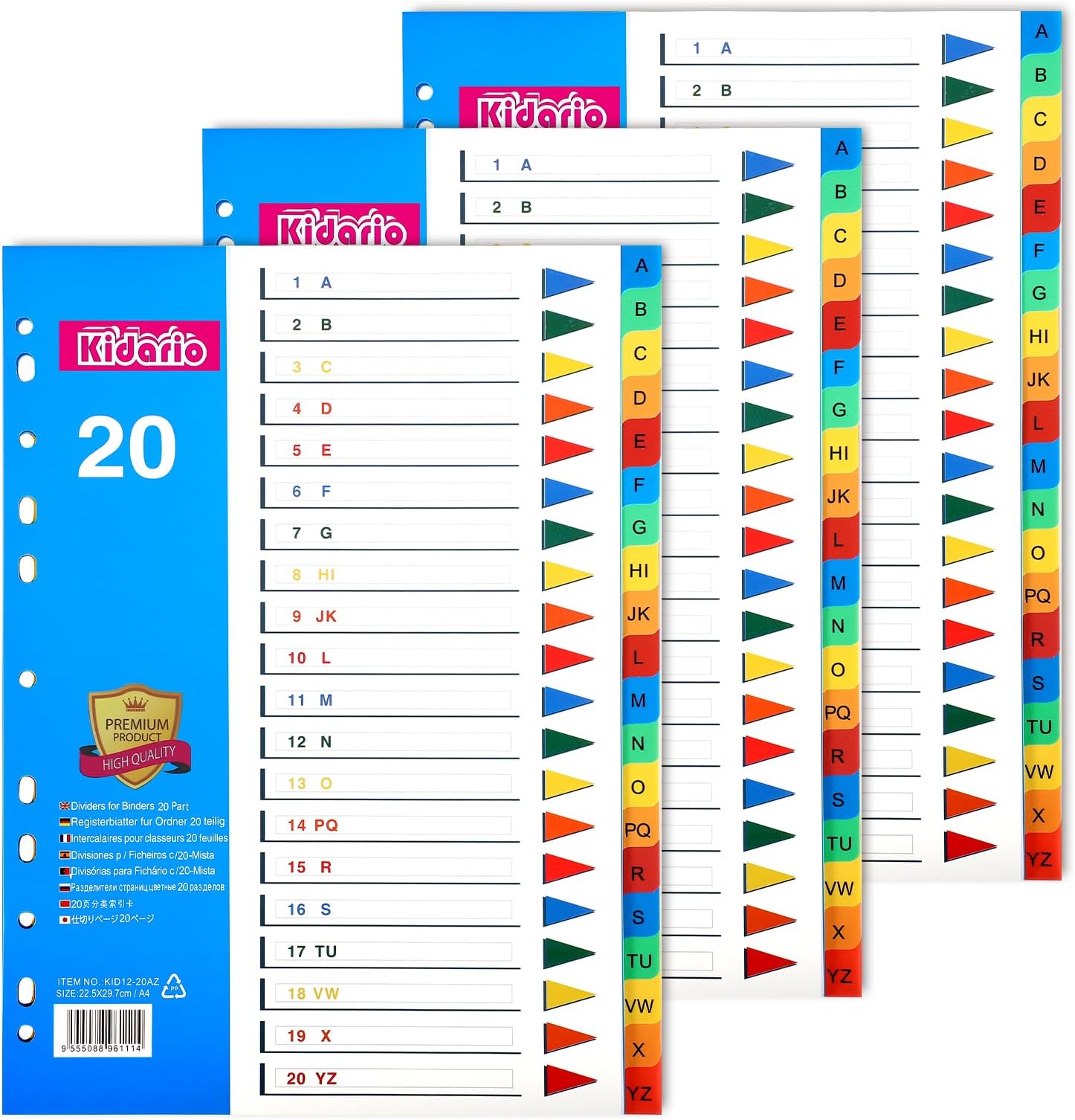 File Dividers A4, 3 Pack 20 Part A-Z Folder Dividers Coloured Multi Hole Plastic Binder Dividers for Lever Arch Files Office School Index Dividers