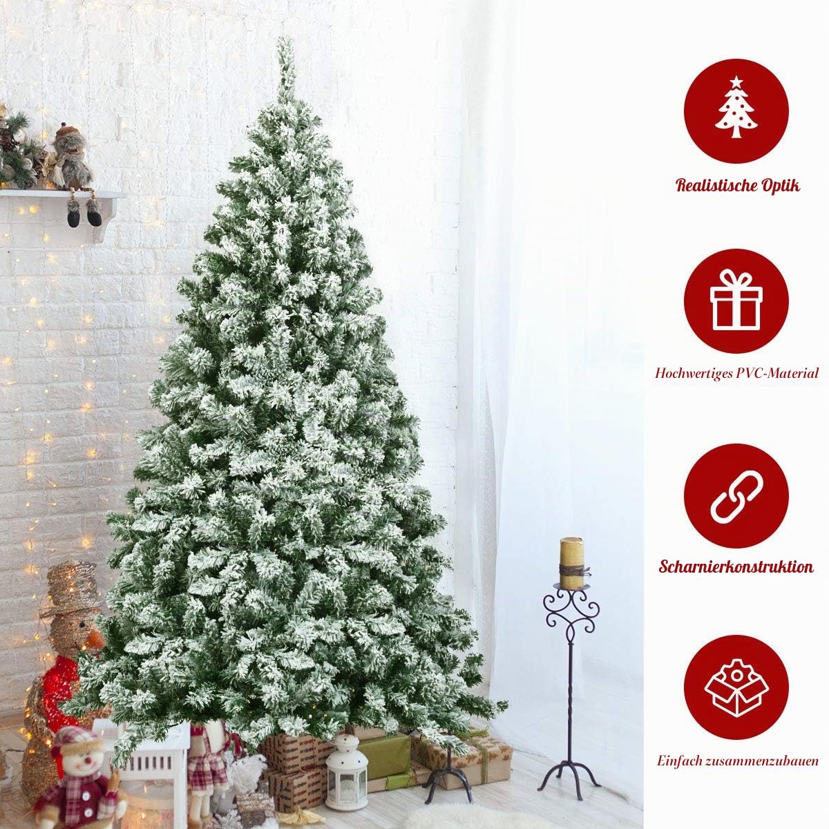 FANTASK 135cm Künstlicher Weihnachtsbaum mit Schnee, Christbaum 400 Spitzen PVC mit Metallständer, Tannenbaum Klappsystem für Zuhause Büro Geschäfte
