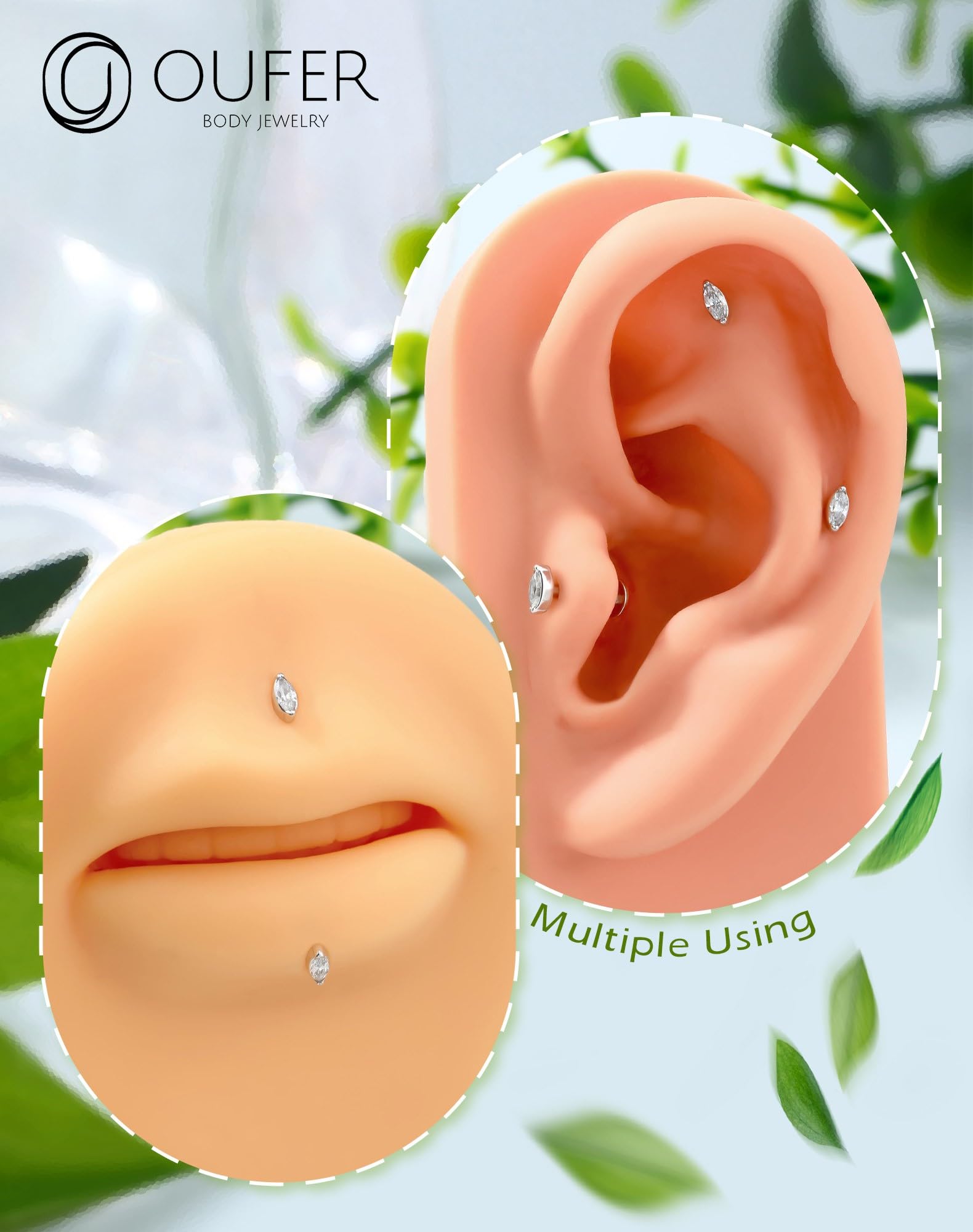 OUFER 16G 8 mm Piercing Orecchio Helix Argent 925 Cartilage Earring Internally Threaded Lip Piercing Marquise Tragus Stud Trasparente CZ Orecchino Conch (Argent)