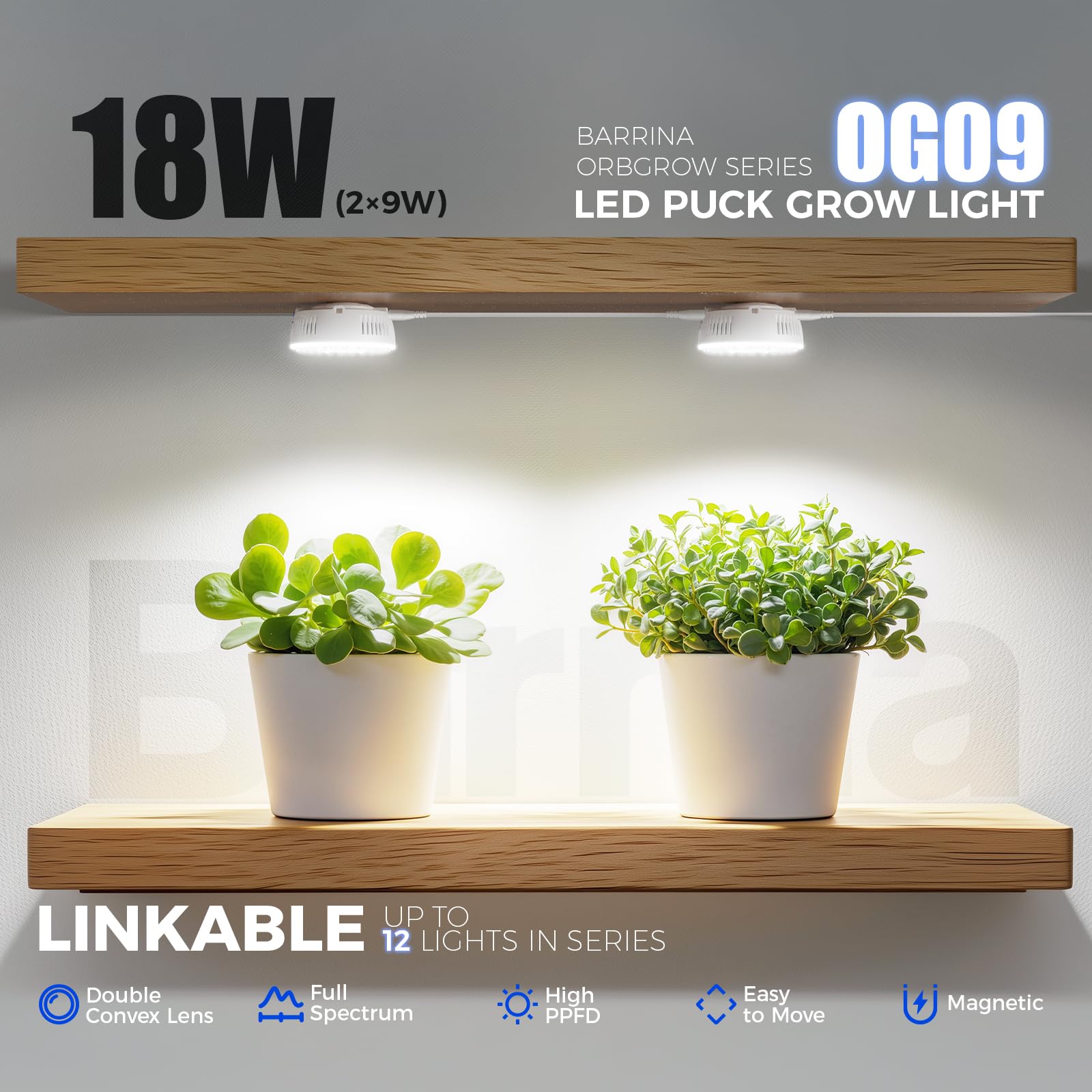 Barrina Orbgrow OG09 Lampe de Croissance à Spectre Complet, 5000 K 18 W (2×9 W), Aimantée, Connectable en Série, Minuterie Intégrée, 5 Niveaux de Luminosité, Pack de 2