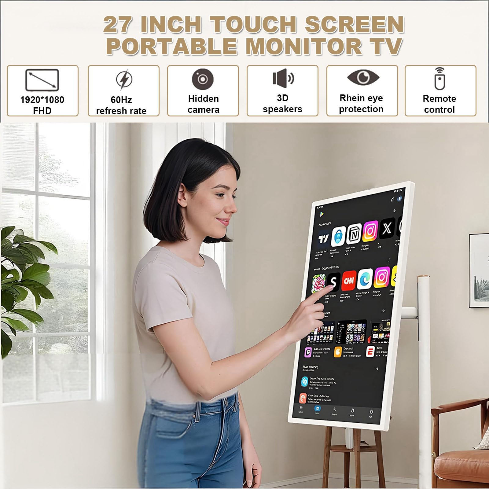 Televisor Portátil De 27 Pulgadas Con Todas Las Funciones | Integra Tv/Ordenador/Tableta/Altavoz En Un Solo Dispositivo,Aire Libre Y Compatible Con Duplicación De Pantalla Inalámbrica 8+128GB