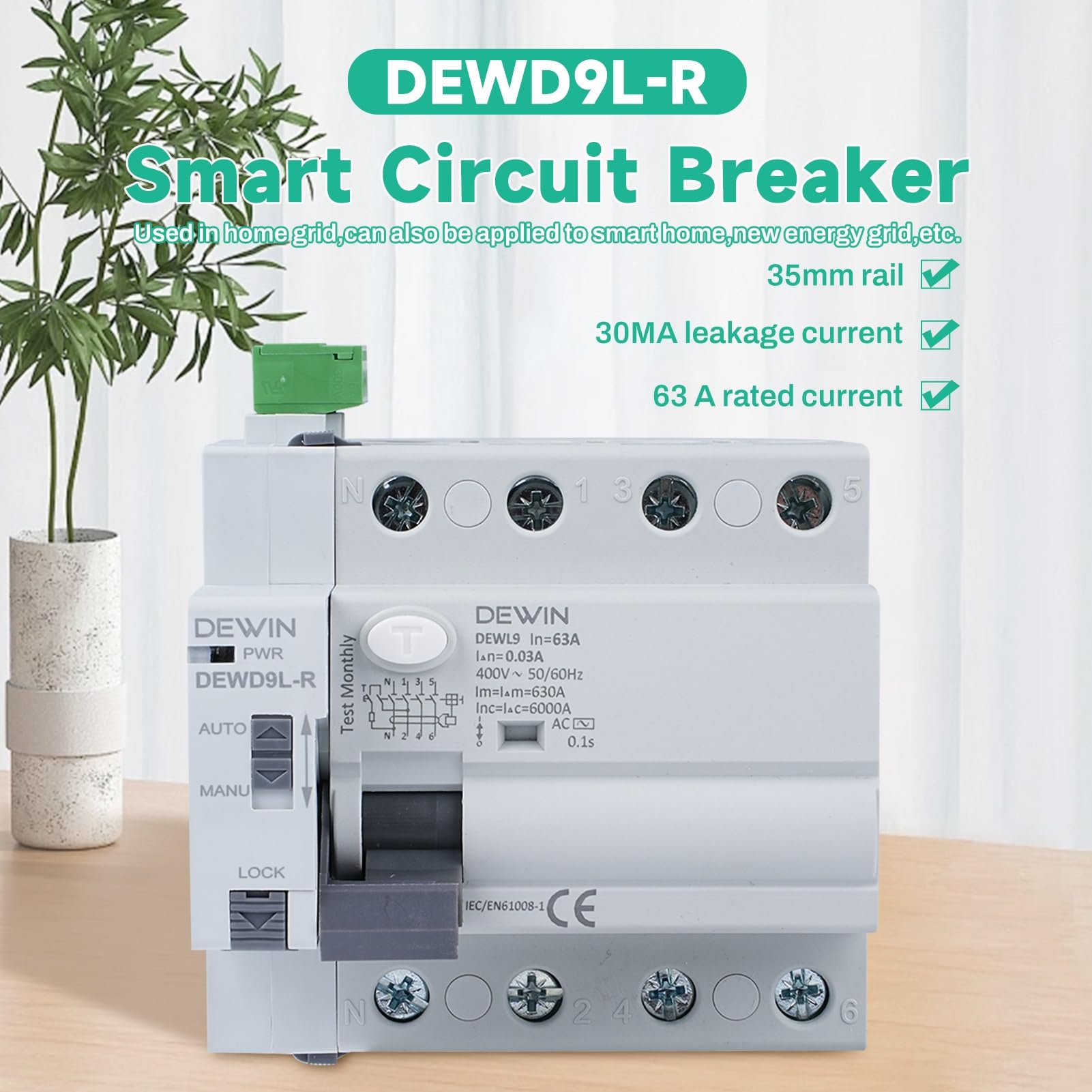 DEWIN FI-Schutzschalter mit Automatische Wiedereinschaltung, DEWD9L-R RCCB Automatisches Wiedereinschaltgerät Leistungsschalter Smart Breaker 4P 63A 30mA AC 400V