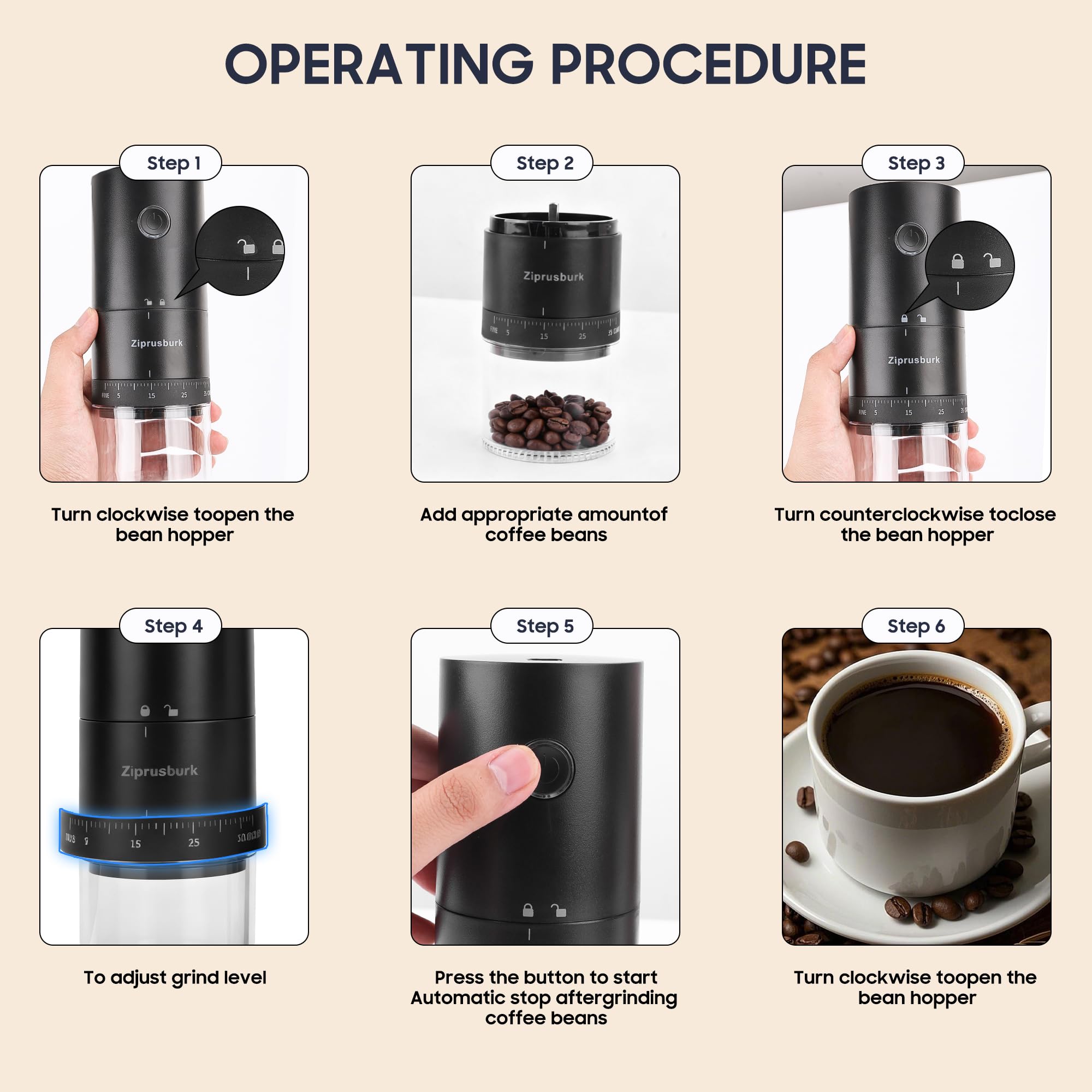 First Grind-Molinillo de café recargable mientras se carga, molienda 1.7 veces más rápida con molinillo de café eléctrico portátil con 38 ajustes de molienda ajustables (fresa de cerámica, negro)