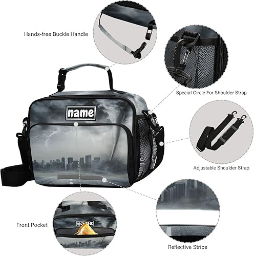 Miniatura 3 de Glaphy Bolsa de almuerzo negra con tornado personalizado para niños y niñas, bolsas de almuerzo personalizadas con tu nombre, lonchera aislada para