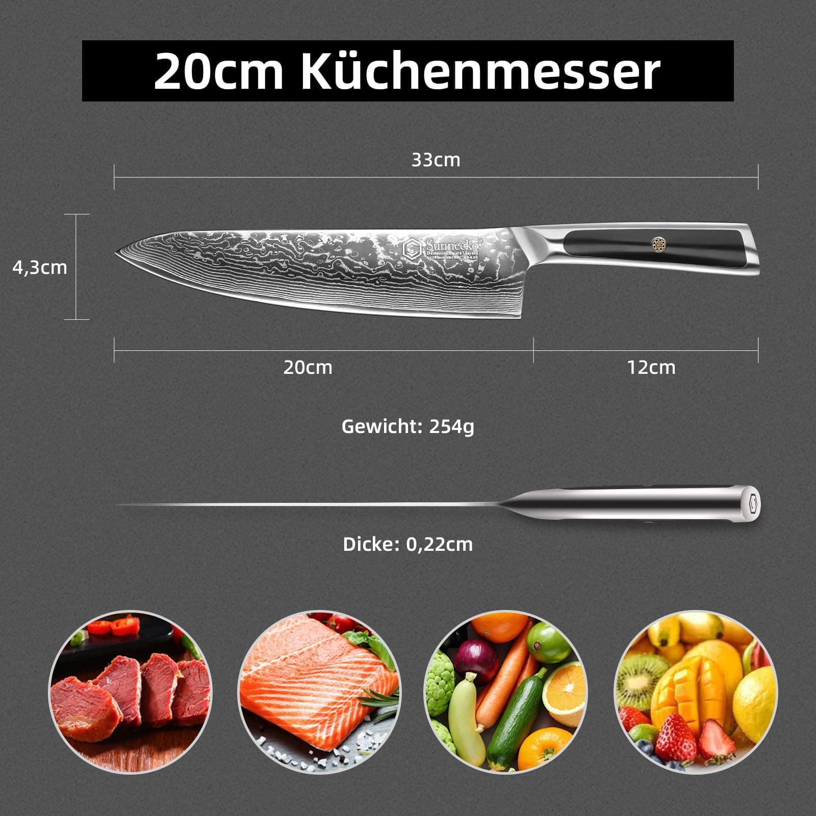 Sunnecko Damastmesser 20cm Kochmesser Küchenmesser | Scharf Messer aus Damaststahl, Damast Küchenmesser mit Ergonomischer Griff, Fleischmesser für Küche