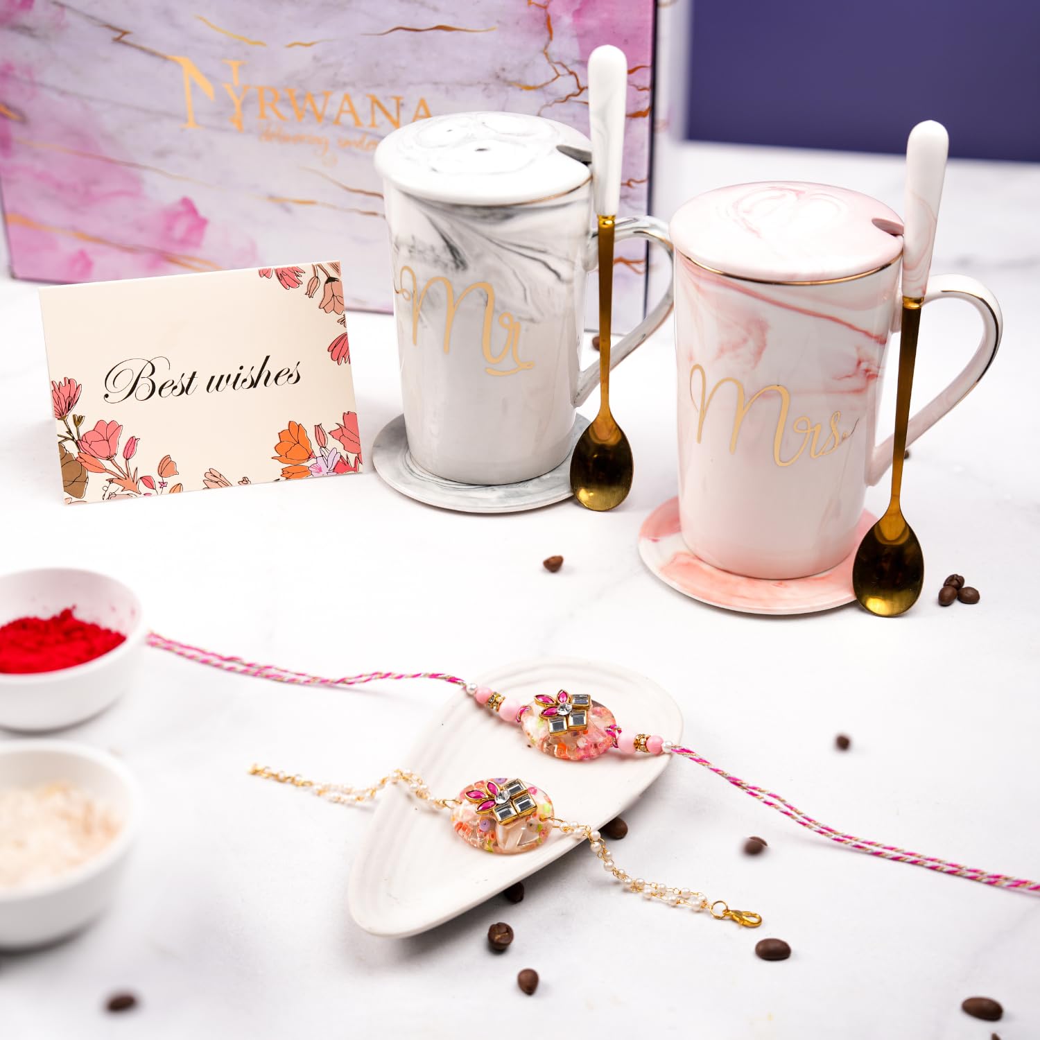 NYRWANA Coffee Mug, Wedding Gift for Couples, Rakhi for Brother and Bhabhi with Gift, Mr & Mrs Set of 2 Coffee Mugs, Lids, Golden Spoon, Bag, Box, Pink Rakhi with Tilak and chawal (380ml-Ceramic)