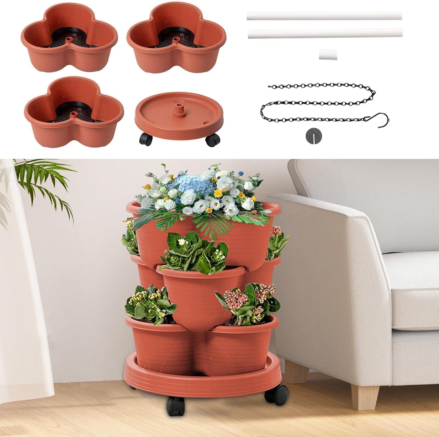 Confezione da 3 vasi impilabili per fragole, in terracotta durevole e resistenti alle intemperie, contenitori verticali da giardino per erbe e fiori, perfetti per uso interno ed esterno