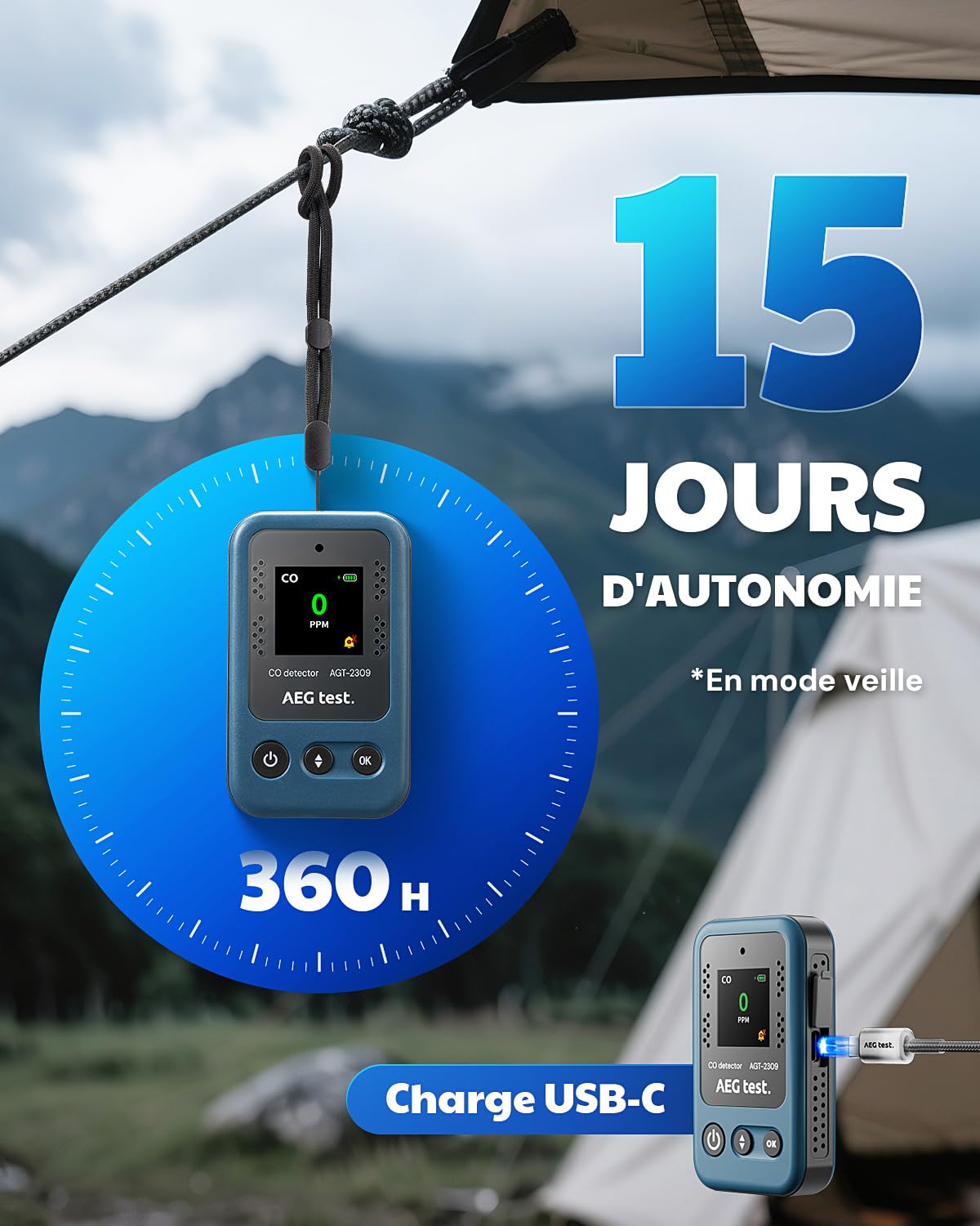 AGT-2309 Détecteur de monoxyde de Carbone Portable, autonomie 15 Jours, Mini détecteur Rechargeable avec Cordon pour Voyage et Camping, Alarme sonore et visuelle, 0–1000 ppm – Bleu