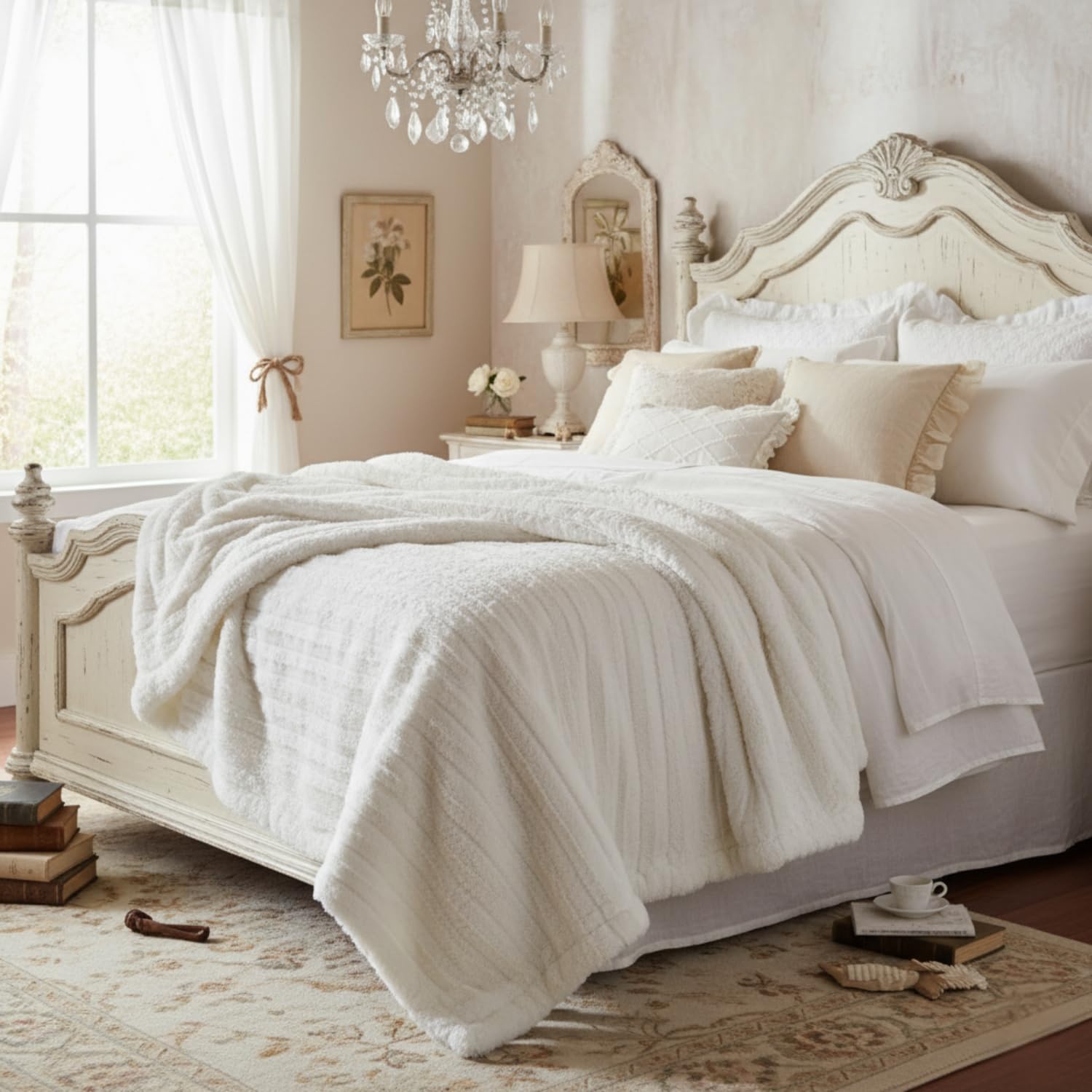 Tache White Ivory Super Soft Warm Polar Faux Fur with Sherpa Throw Bed Blanket Queen Size 90 x 90