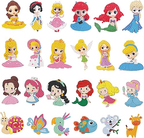 FLYSONG Kit de calcomanías de arte de diamantes 5D para niños, 24 piezas de calcomanías de diamantes de princesa y animales de dibujos animados,