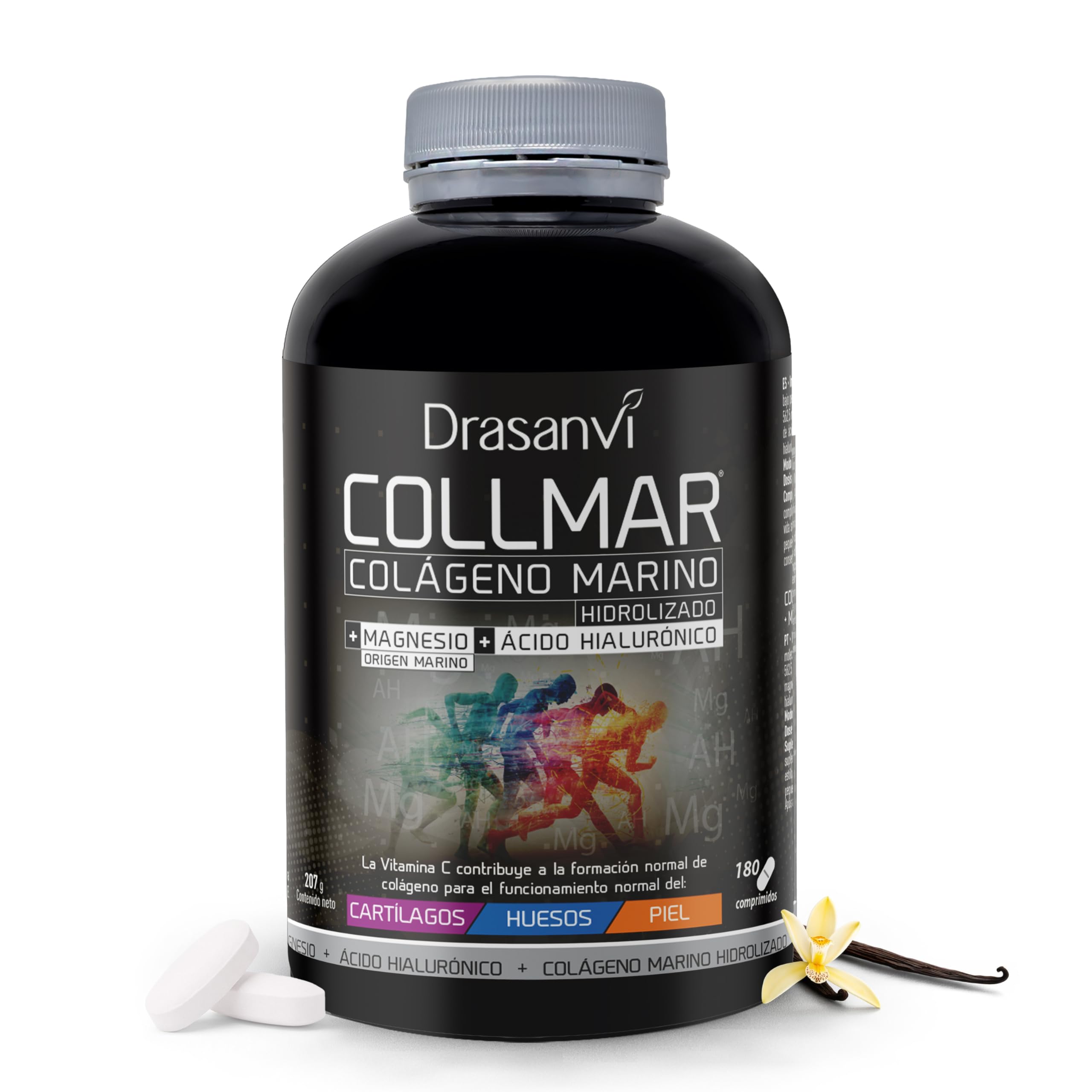 Drasanvi COLLMAR Colágeno Marino Hidrolizado con Ácido Hialurónico, Magnesio, Vitamina C natural | para cartílagos, huesos y piel | Alta dosis 3.900 mg/día | 180 comp = 30 días | Sabor vainilla