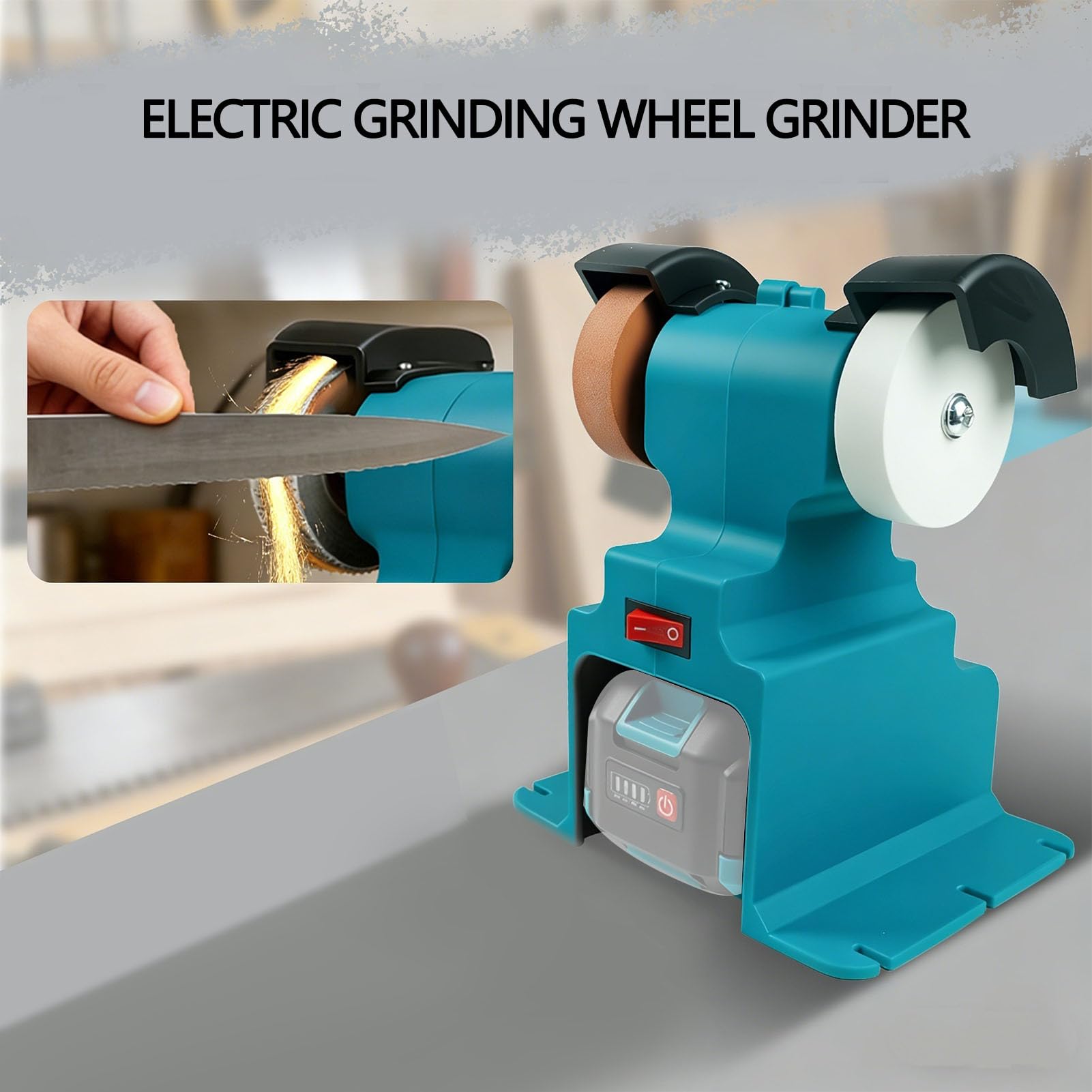 Mini Amoladora de Banco, Pulidora y Lijadora Inalámbrica de 200 W, 7000 RPM, con 2 Muelas Abrasivas y Kit de Montaje, para Pulir Afilar Herramientas, Compatible con Batería de