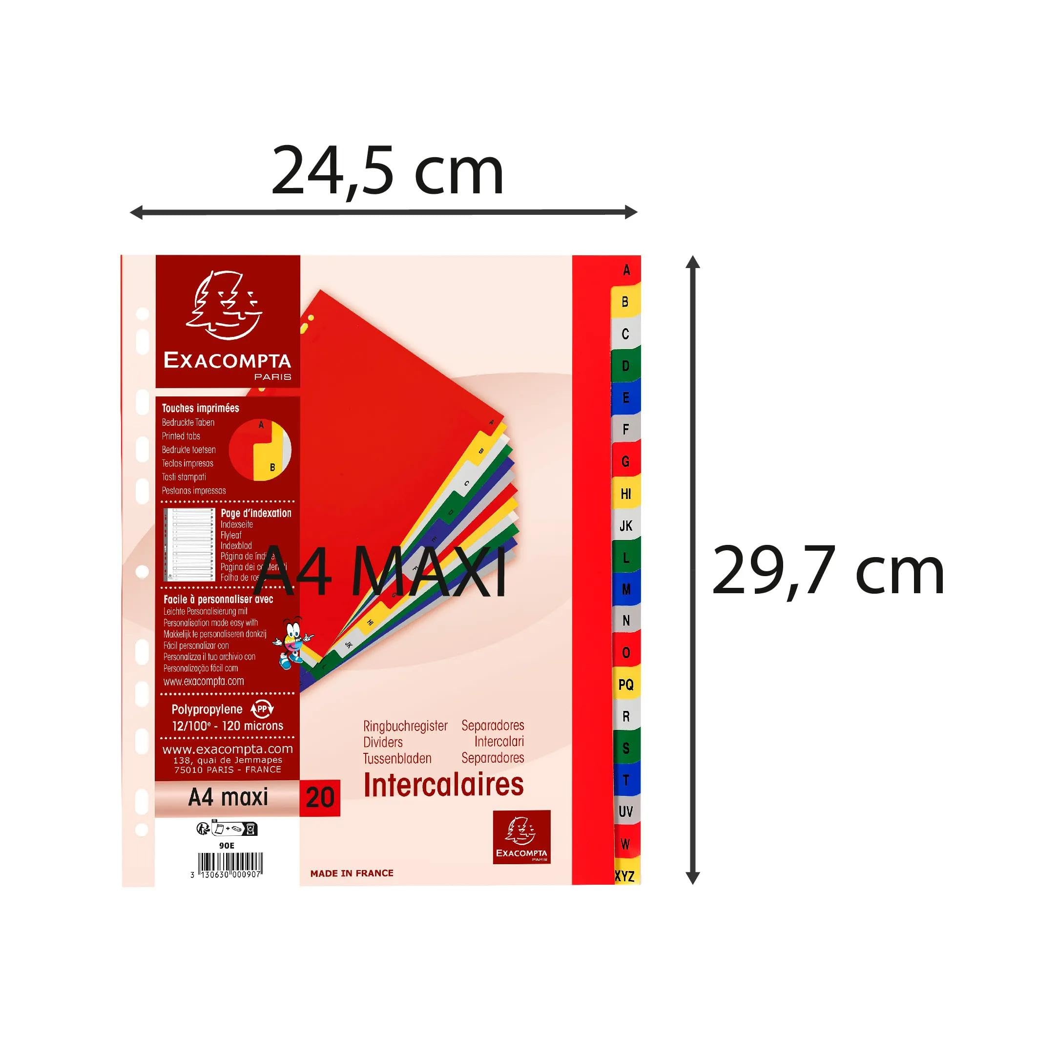 Exacompta - Nr ref. 90E - Karton 20 przekładek polipropylenowych z 20 zakładkami z nadrukiem alfabetycznym od A do Z w kolorze - Niezmienna strona indeksująca - Maks. format A4-24,5 x 29,7cm