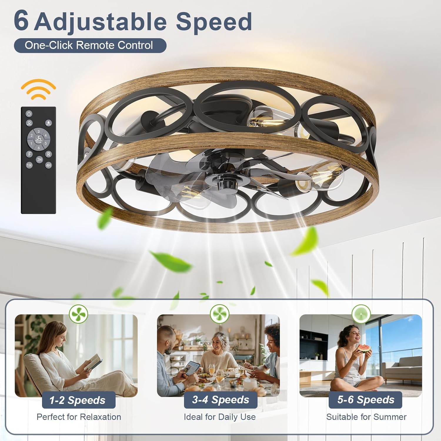 G-SAFAVA 20" Ceiling Fans with Lights and Remote, 6 Wind Speeds 3 Timing Quiet Flush Mount Low Profile Caged Ceiling Fan for Bedroom Living Room Kitchen, Farmhouse Reversible Ceiling Fan, Wood Grain