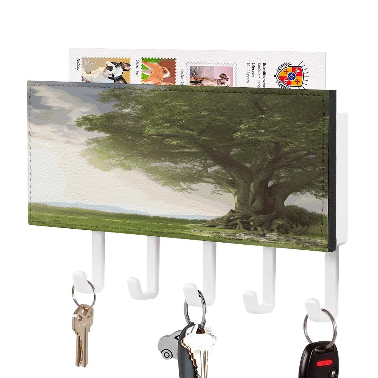 LDGSUPH Tree with Branch Scenery Key Holder Wall Mount Key Hanger with 5 Hooks Fashion Key Organizer Rack Hanging Key Hooks with Mail Organizer Key Rack for Home Entryway Hallway White-Style
