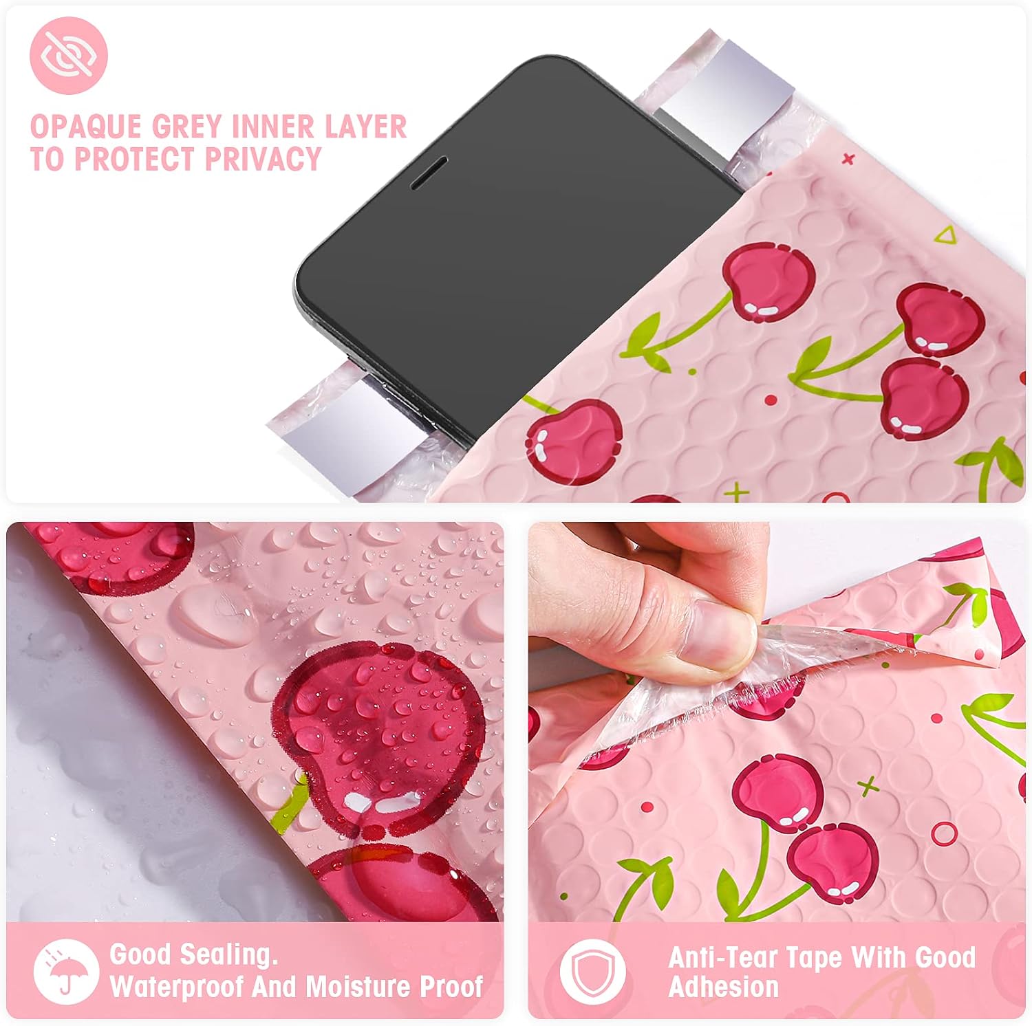 Metronic 4x8 Inch 50 Pack Bubble Mailers, Cherries Poly Bubble Mailer Cute Small Mailer,Bubble Envelopes,Padded Mailers for Shipping Jewelry,Lips,Cosmetic,DVD,Waterproof, Self-Seal Adhesive