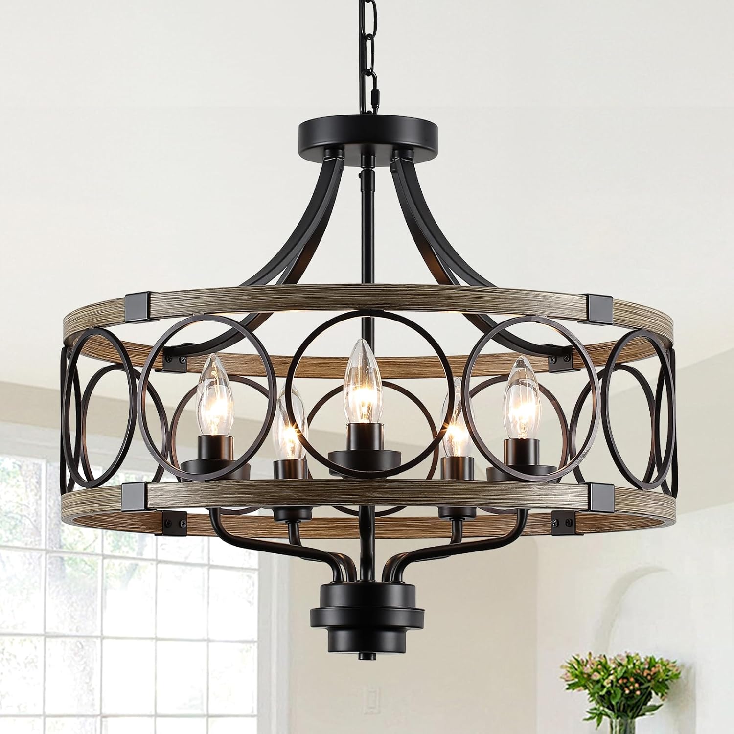 20'' Farmhouse Chandelier 5-Light Rustic Chandeliers for Dining Room Light Fixture, Vintage Industrial Hanging Lighting with Wood Grain Finish，Black Drum chandelier for Living Room Entryway Foyer, E12