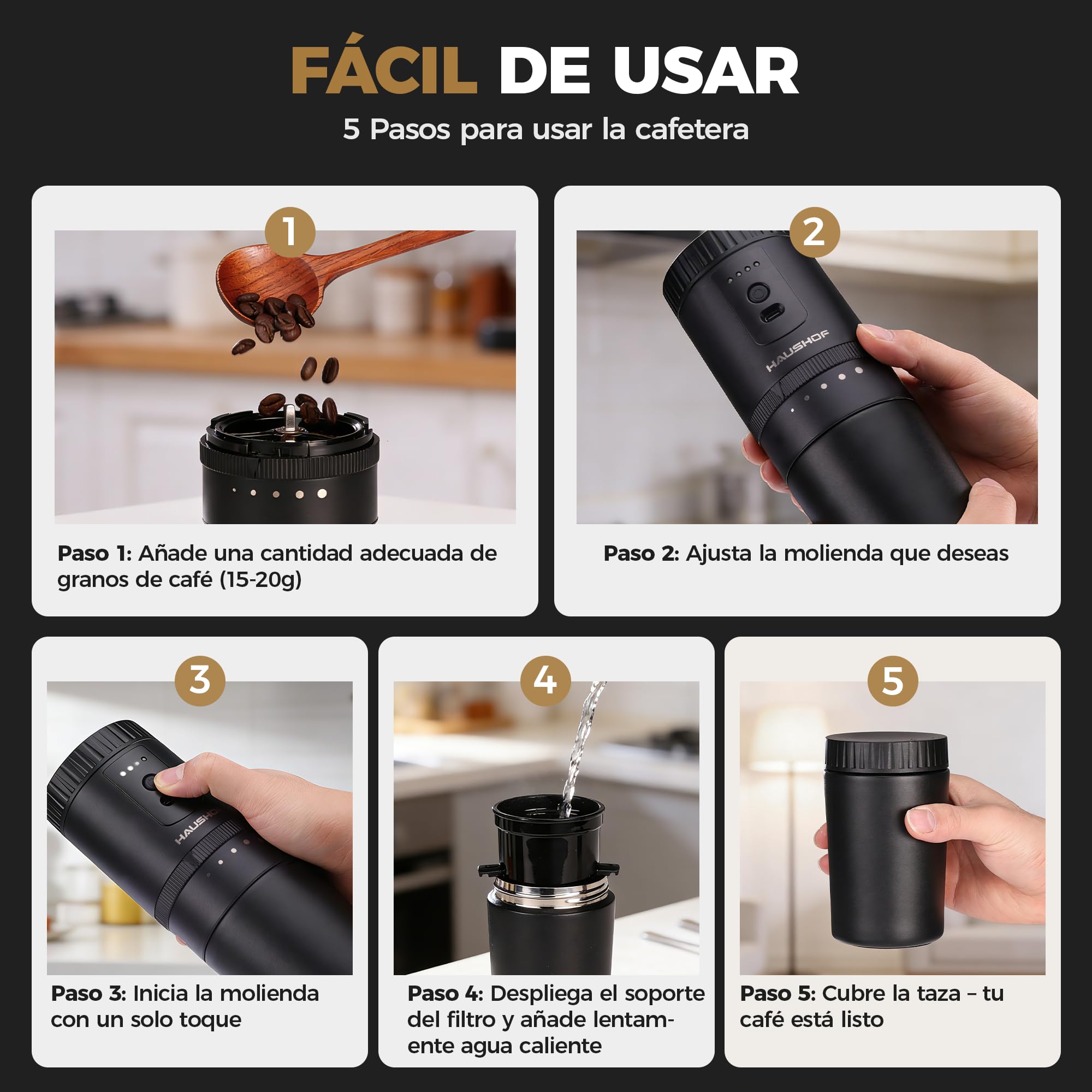 HAUSHOF Molinillo de Café Eléctrico Portátil Inalámbrico con Sistema de Infusión Manual, 5 Niveles de Molienda Ajustable, Taza Térmica de Viaje, Recargable USB-C para Camping, Senderismo y Oficina