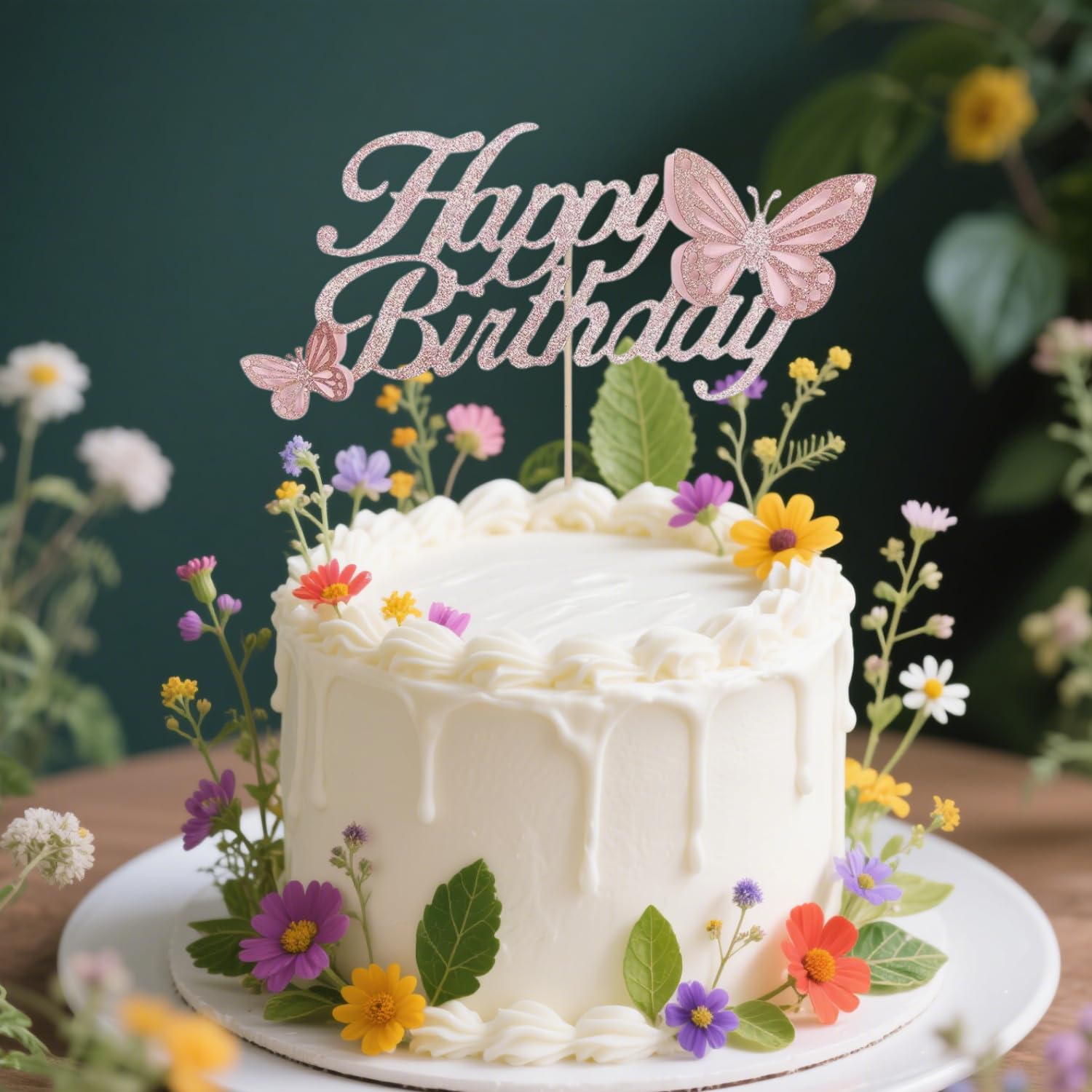 ALISSAR Rose Gold Happy Birthday Cake Topper with 3d Handmade Butterfly, Butterfly Cake Toppers for Girls Women's Birthday Cake Party Decorations (rose gold)