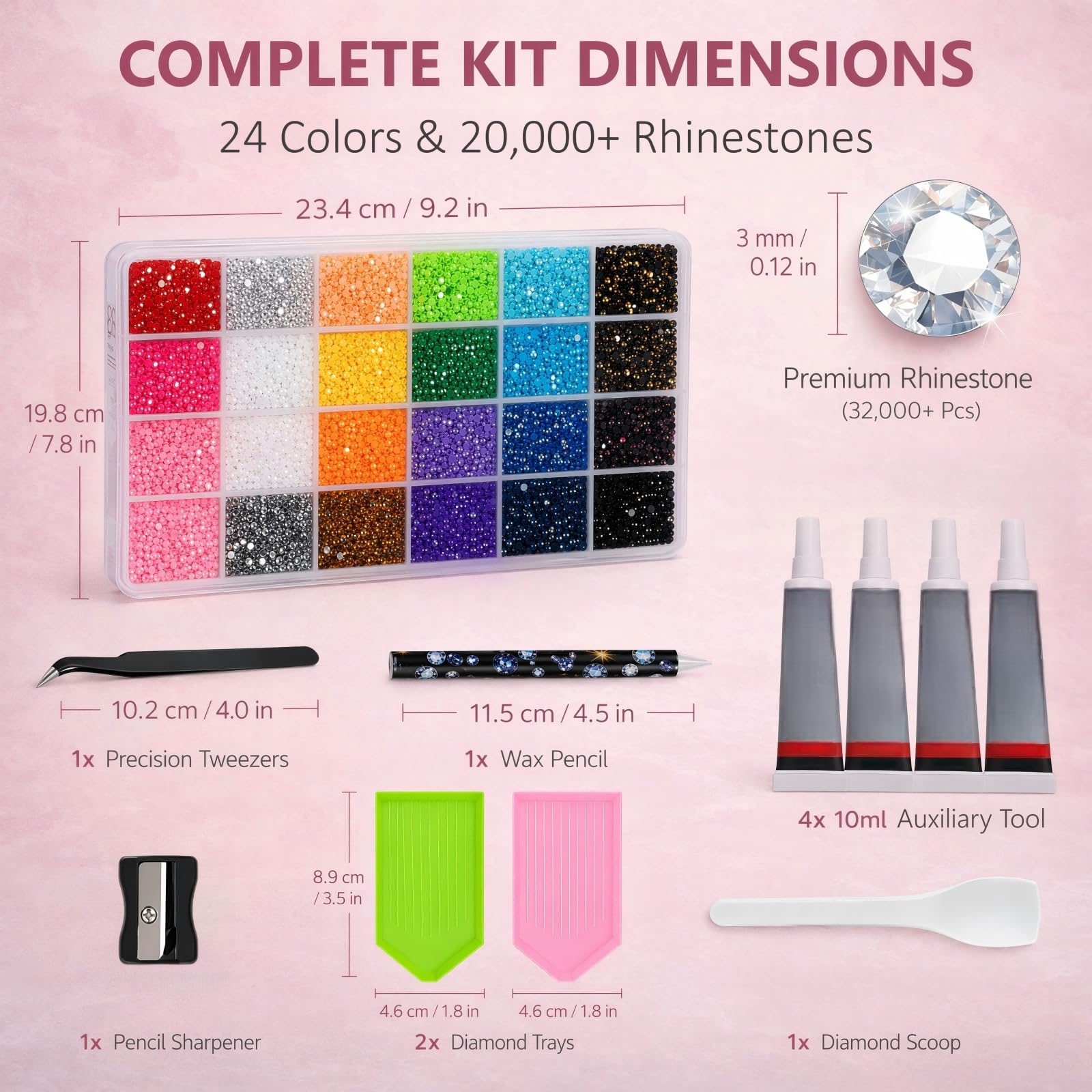 24 Couleurs 3mm Strass Ongle Nail Art, 20000+ Pcs Bedazzling Kit avec Pince à Épiler, Stylo à Pointiller, Rhinestone pour Travaux Manuels, Loisirs Créatifs, Décoration Ongles, Textiles, DIY