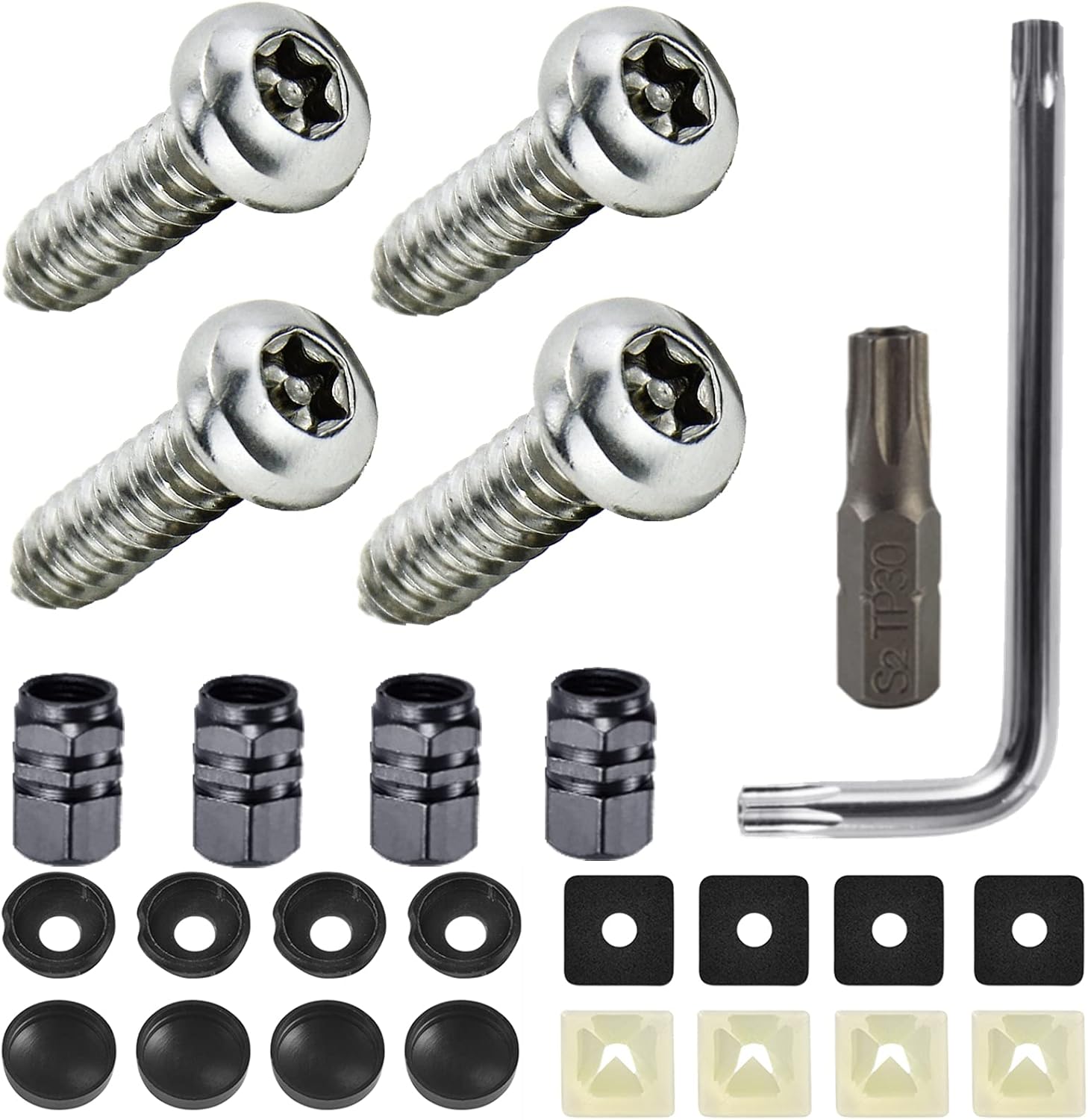 Anti Theft License Plate Screws, Universal Tamper Proof License Plate Screws Kit with Nylon Screw Inserts, Black Screw Covers and Special Design Rustproof Stainless Steel Screws