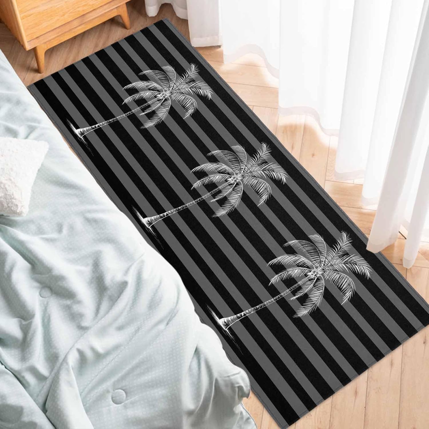 Teamery Kitchen Mats for Floor Vintage Summer Coastal Palm Tree Washable Non Slip Kitchen Rugs 1PCS, Black Gray Stripes Absorbent Standing Mats for Sink Bathroom Office Living Room 23.6x70.9in