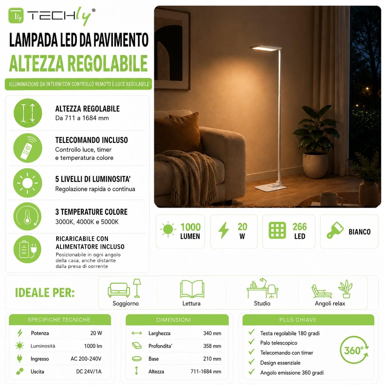 Techly 624322 Lampada LED da Pavimento Ricaricabile con Altezza Regolabile, Bianca Bianco