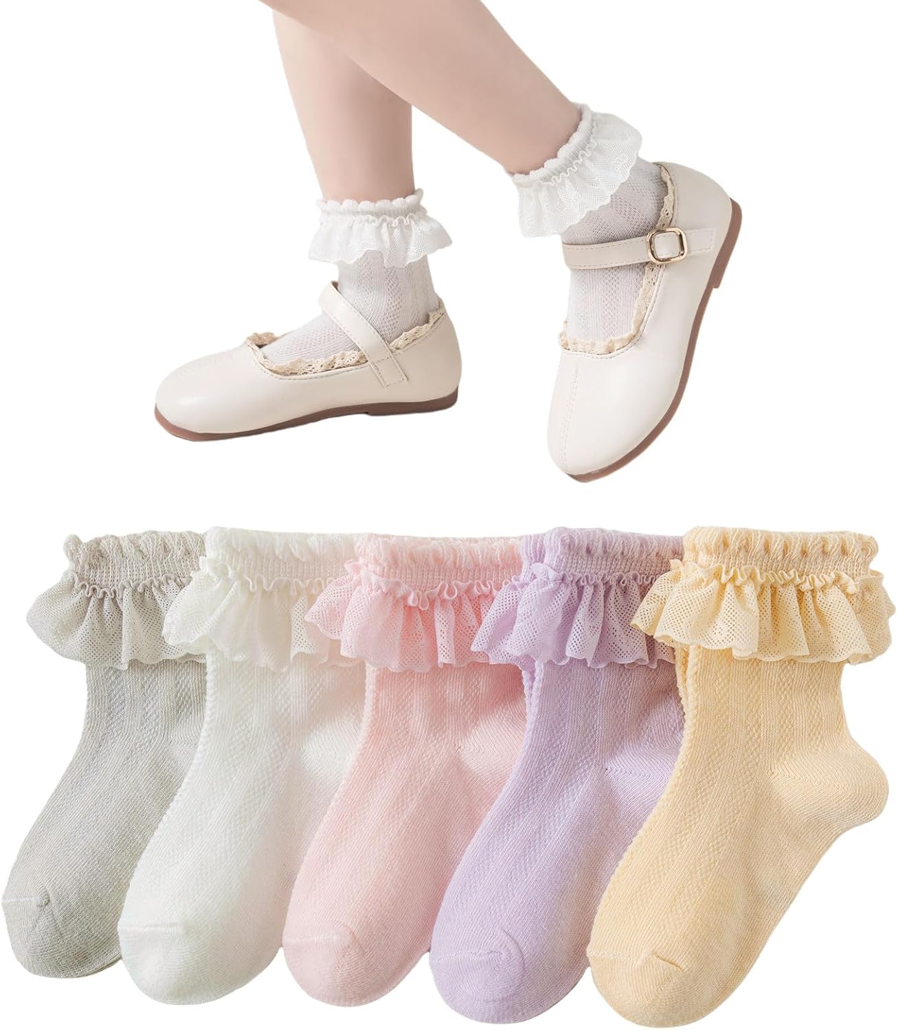Girls Ruffle Socks School Uniform Dress Socks Toddler Girls Eyelet Frilly Socks for Little Children's Age 1-7T