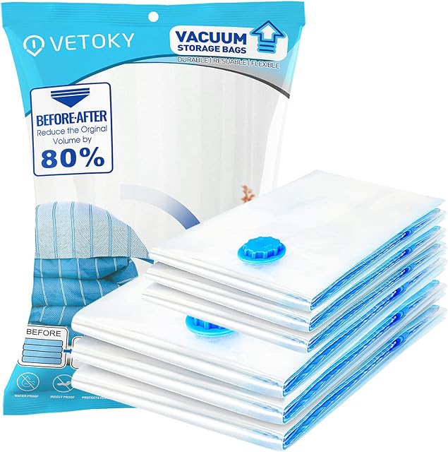 Vacuum Storage Bags, VETOKY Space Saver Bags, 6 Pack Vacuum Storage Bags 80% More Storage Vacuum Sealer Space Saver Bags for Bedding, Clothes, Comforters, and Blankets