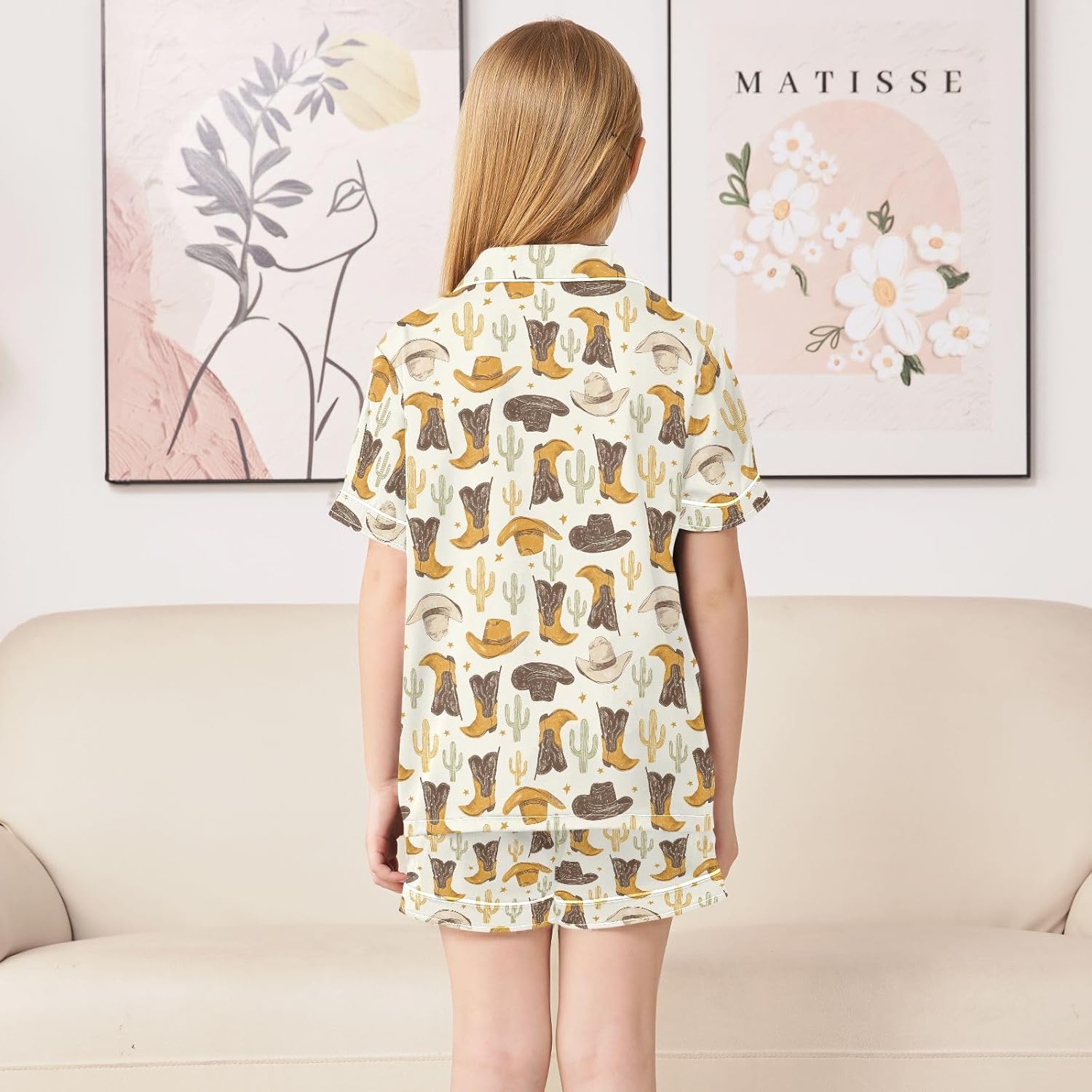 Kids Satin Wear Set Cowboy Hats Boots Cactus Pattern Relaxing Clothing Short Sleeve and Shorts