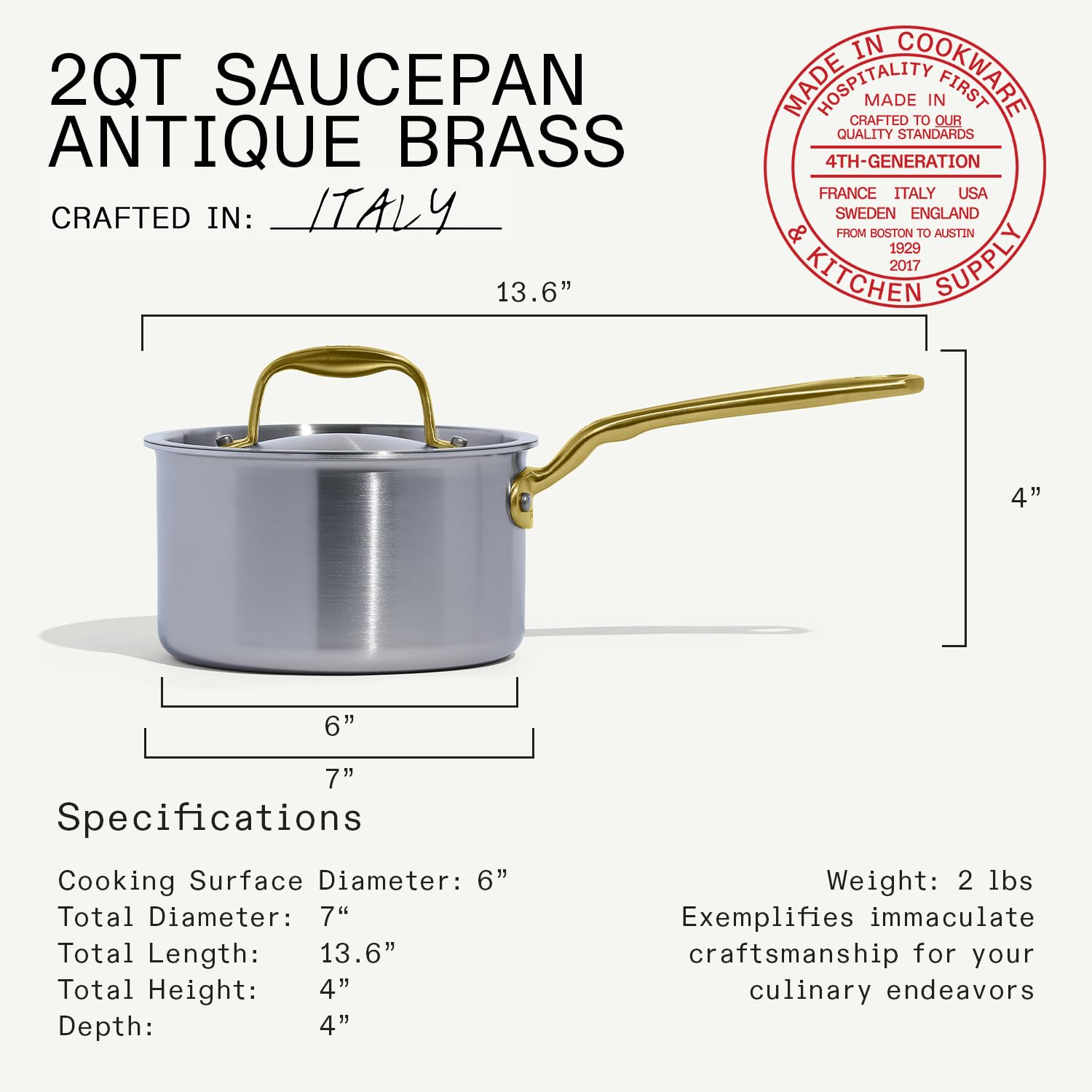 Made In Cookware - 2 Quart Stainless Steel Saucepan with Lid (Antique Brass Handle) - 5 Ply Stainless Clad - Professional Cookware - Crafted in Italy - Induction Compatible — Amazon image 3