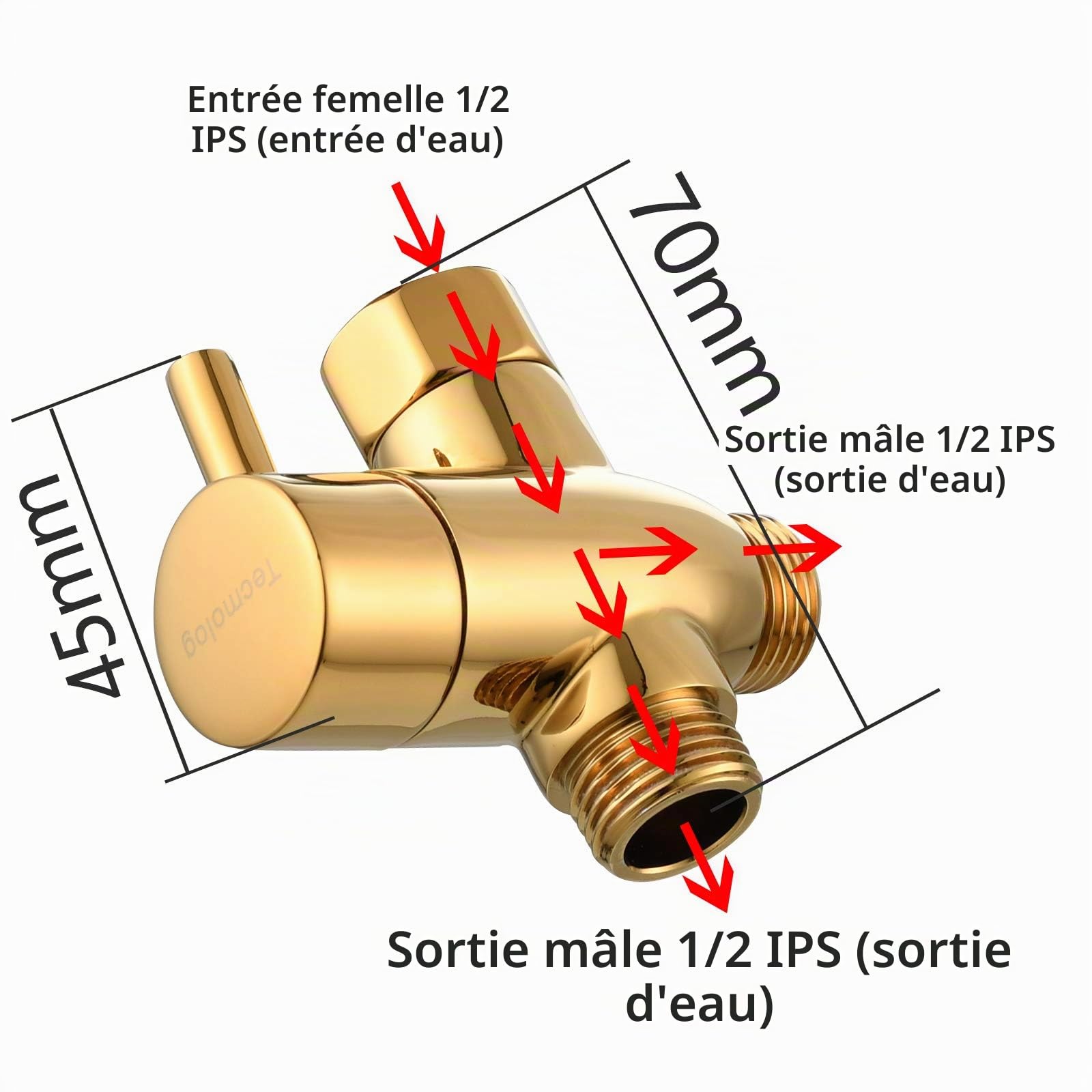 Tecmolog DSF012J Robinet de douche 3 voies 1/2" laiton vanne d'arrêt de douche adaptateur T pour douchette à main Titangold